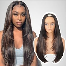 Yaki Straight V Part Wigs for Black Women Layered Synthetic Half Wig 180% Density Wear and Go Glueless Wig Heat Resistant No Leave out Clip in Hair Daily Use, #1BH30 Highlights Brown 26 Inch
