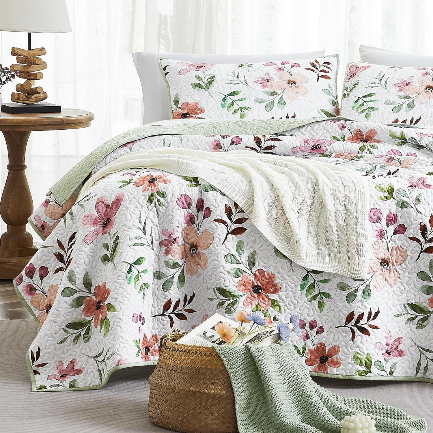 WRENSONGE Floral Quilt Queen Size - Reversible Botanical Flower Quilt Bedding Set Lightweight Bedspread Soft Coverlet for All Seasons (90"x94")