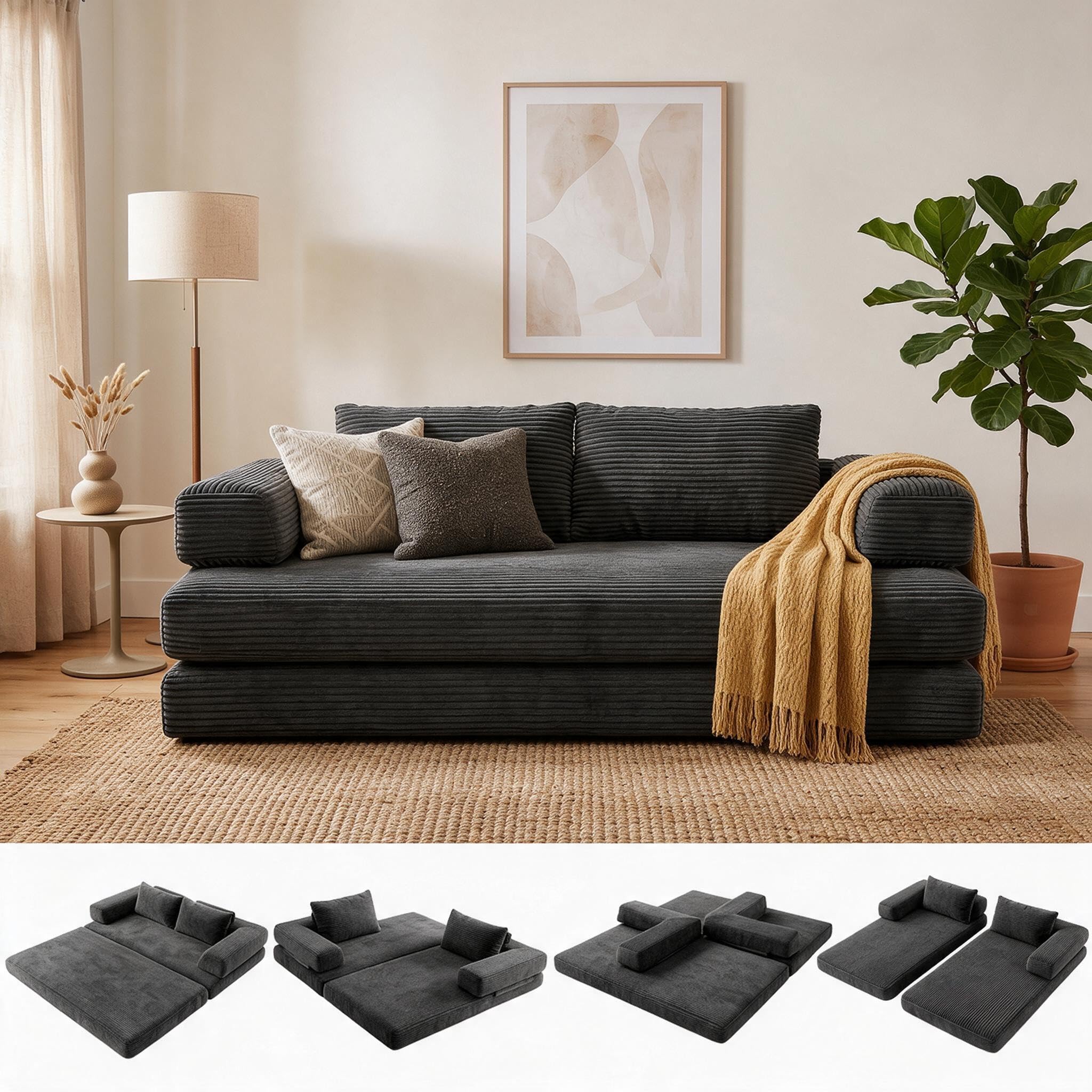 2 Seater Folding Sofa Bed,5in1 Modular Convertible Folding Couch w/ Pillow,Lazy Floor Sofa w/Back Support,Foldable Corduroy Futon Boneless Couch Mattress for Living Room Bedroom Guest Room(Dark Grey) — image 1
