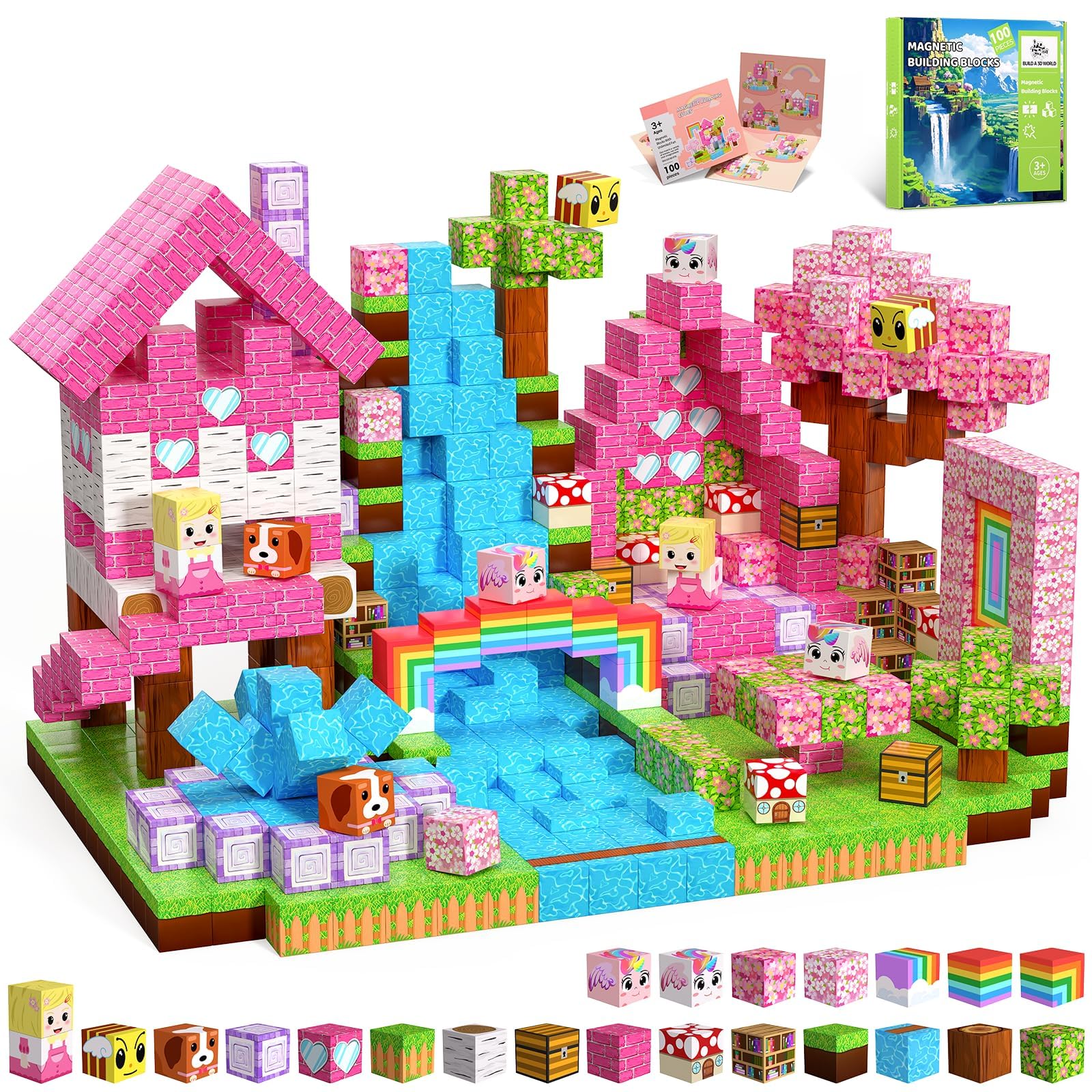 CraftyNest Magnetic Blocks for Girls, 100PCS Magnetic Building Blocks, Stacking Magnets for Kids, Sensory Toy for STEM Constructions Magnet Blocks for Girls Age 3 4 5 6 7 8-12 Birthday Gifts