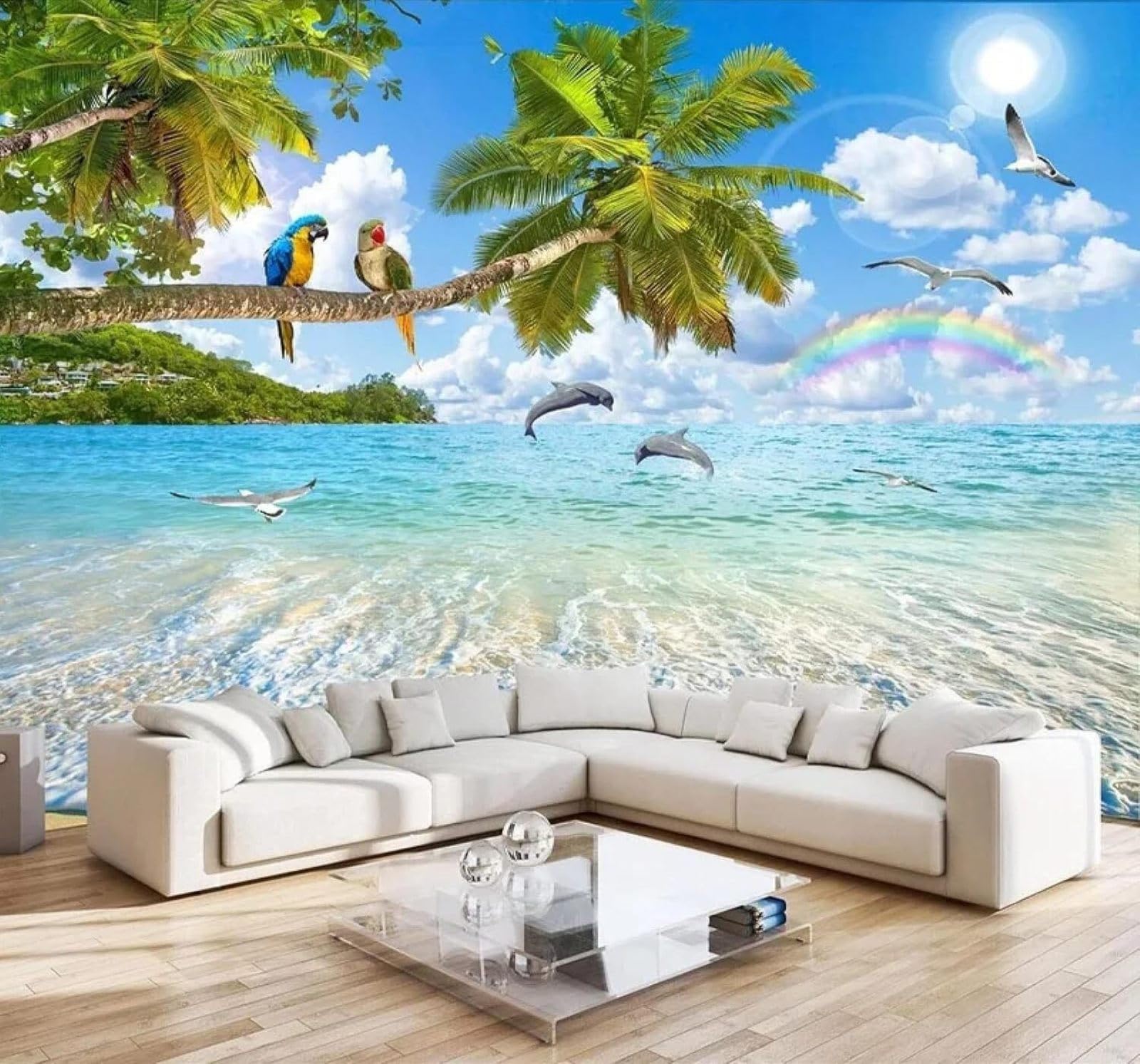 Xlming 350Cm×256Cm(B×H) Parrots Dolphins Beach Rainbow Seascape 3D Wallpaper Silky Texture Home Study Office Grey Dining Room Sofa Bedroom Living Room Tv Backdrop-350Cm×256Cm