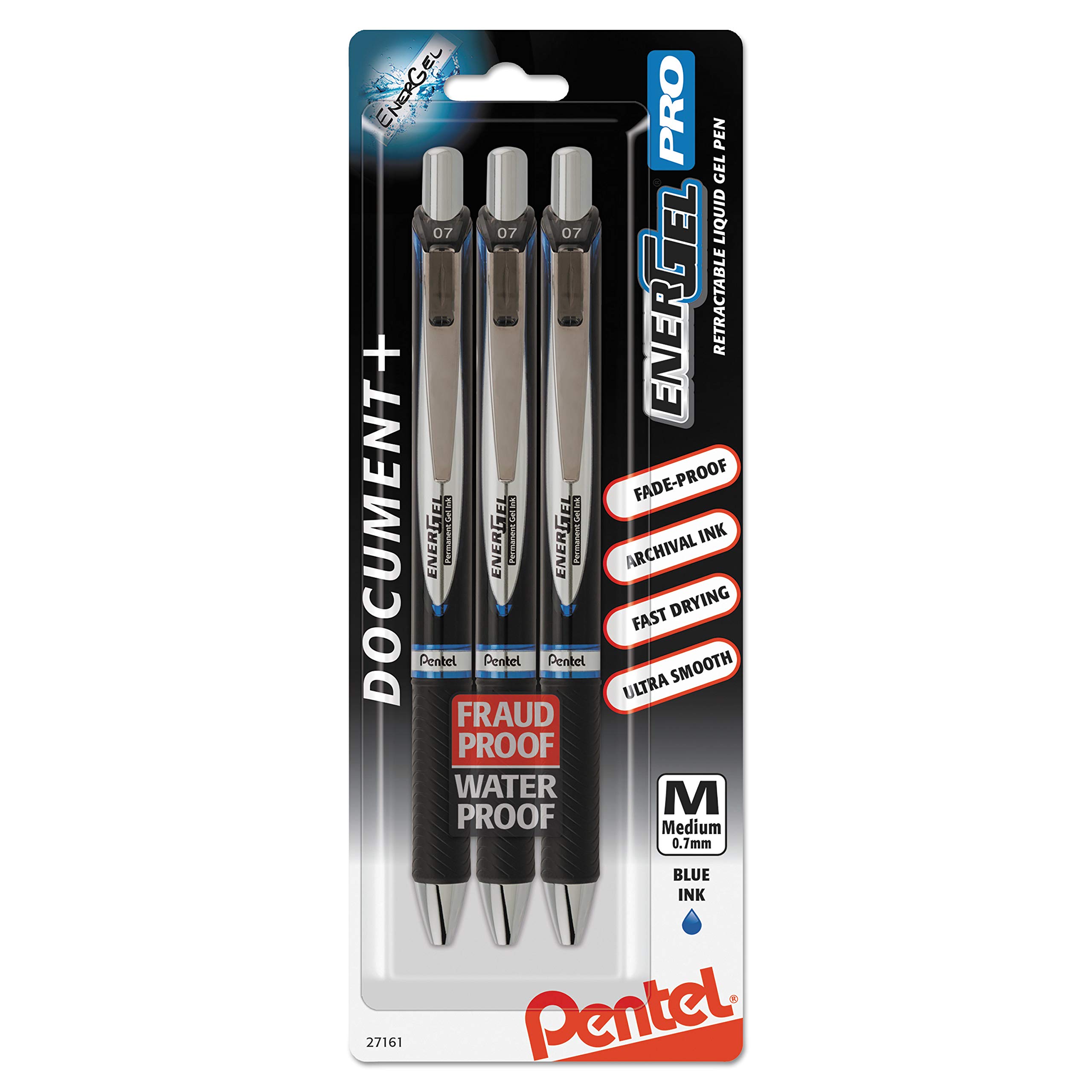 Pentel Energel Pro Permanent Gel Pen, (0,7) Medium Line, schwarze Tinte, Flaschensauger – blp77bp2 a Mittel 3 Pack blau
