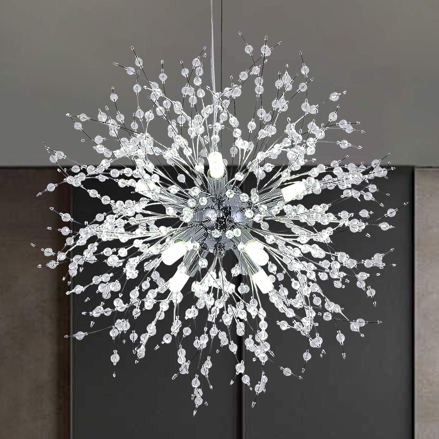 KXEcoLife Modern Crystal Chandelier Dandelion, Firework Chandelier, 8-Light Dandelion Sputnik Light Fixture Chrome Pendant Lighting for Dining Room, Living Bedroom, Kitchen
