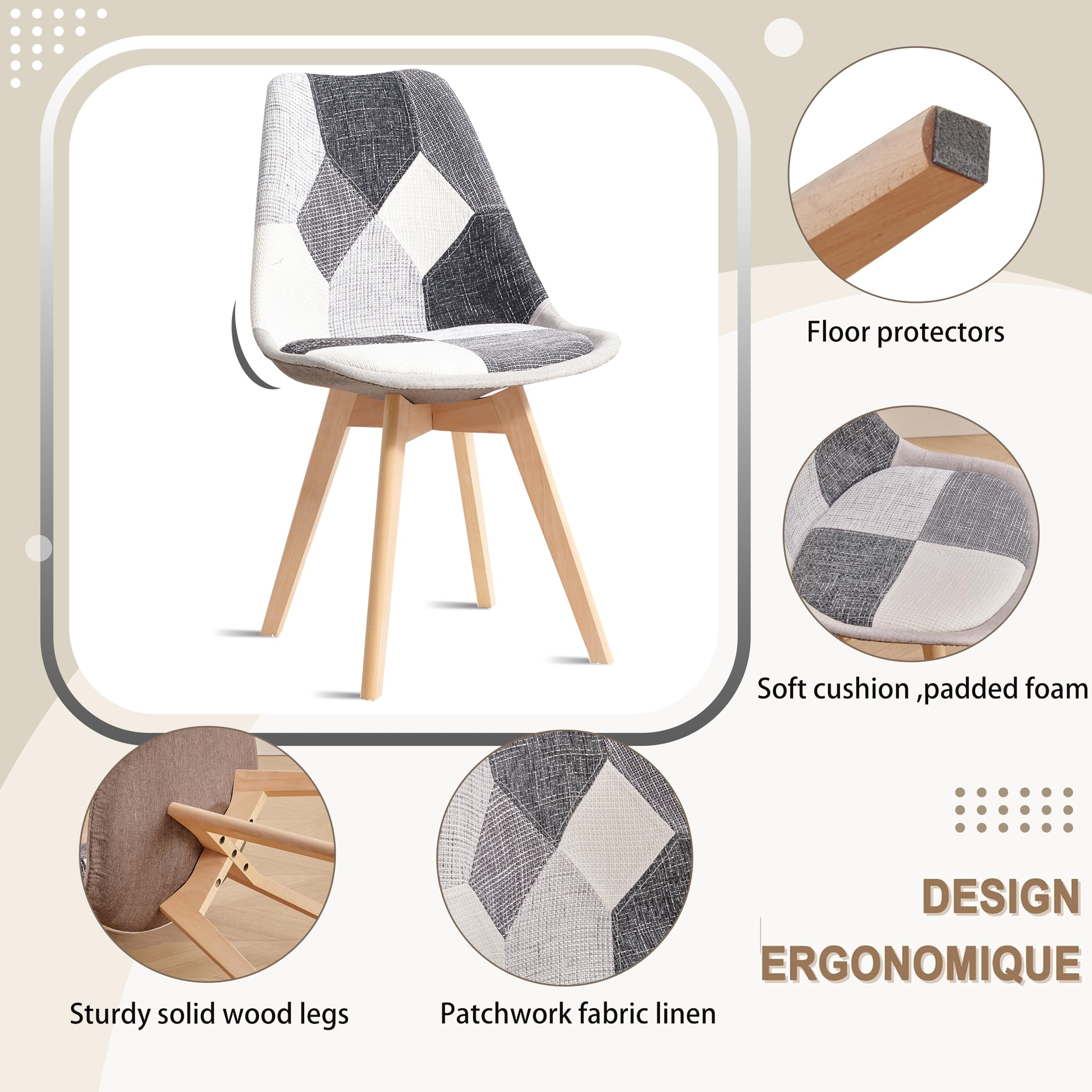 HJhomeheart Set di 2 Sedie da Pranzo in Tessuto Patchwork con Cuscino del Sedile e Gambe in Legno Massello per Sala da Pranzo, Soggiorno, Cucina, ecc. (Grigio Patchwork)