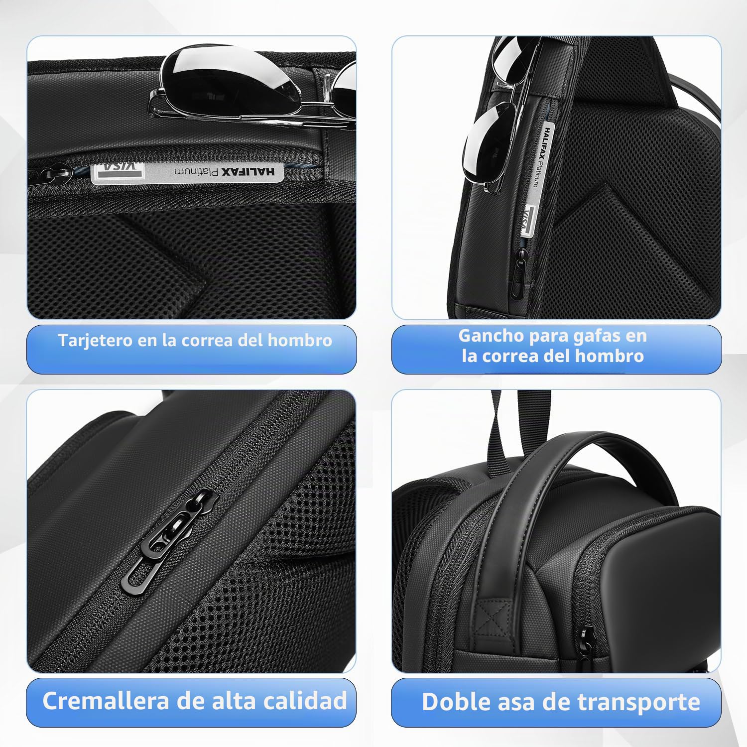 Bandolera Hombre Bolso Cruzado Impermeable Mochila Pequeña con USB para Deporte Oficina Universidad-Negro