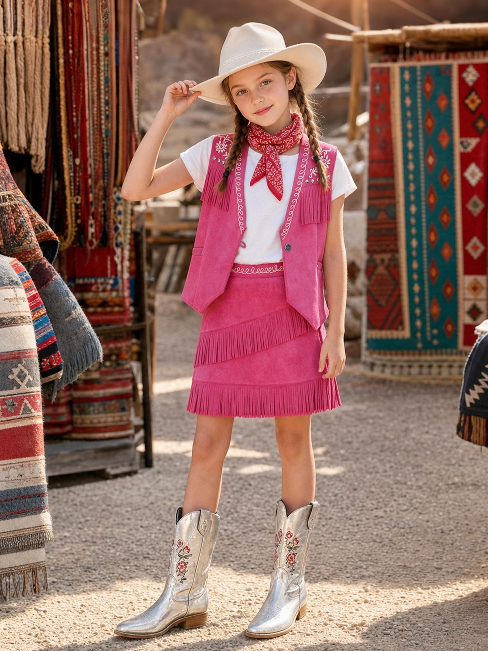 LOLANTA Costumi Cowgirl Bambini Completo Frange Gilet+Gonna Cowgirl Carnevale Costume Feste Western-themd Halloween Musicale Festival Outfit