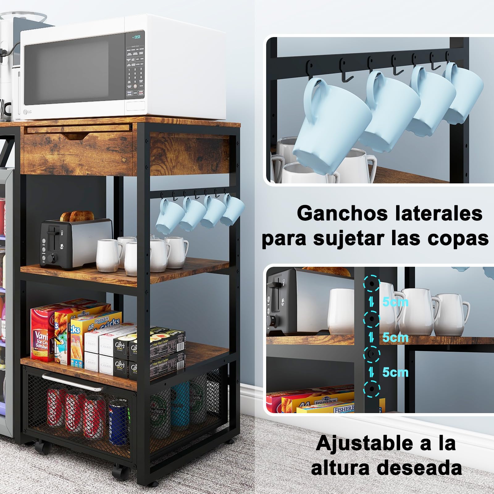 PUNCIA Estantería 4 Niveles Isla Cocina para Mini Nevera Bar Móvil de Café | Organizador Oficina Estantes para Nevera Pequeña Microondas con Cajón Cesta Metálica Carrito Almacenaje con 7 Ganchos Retro