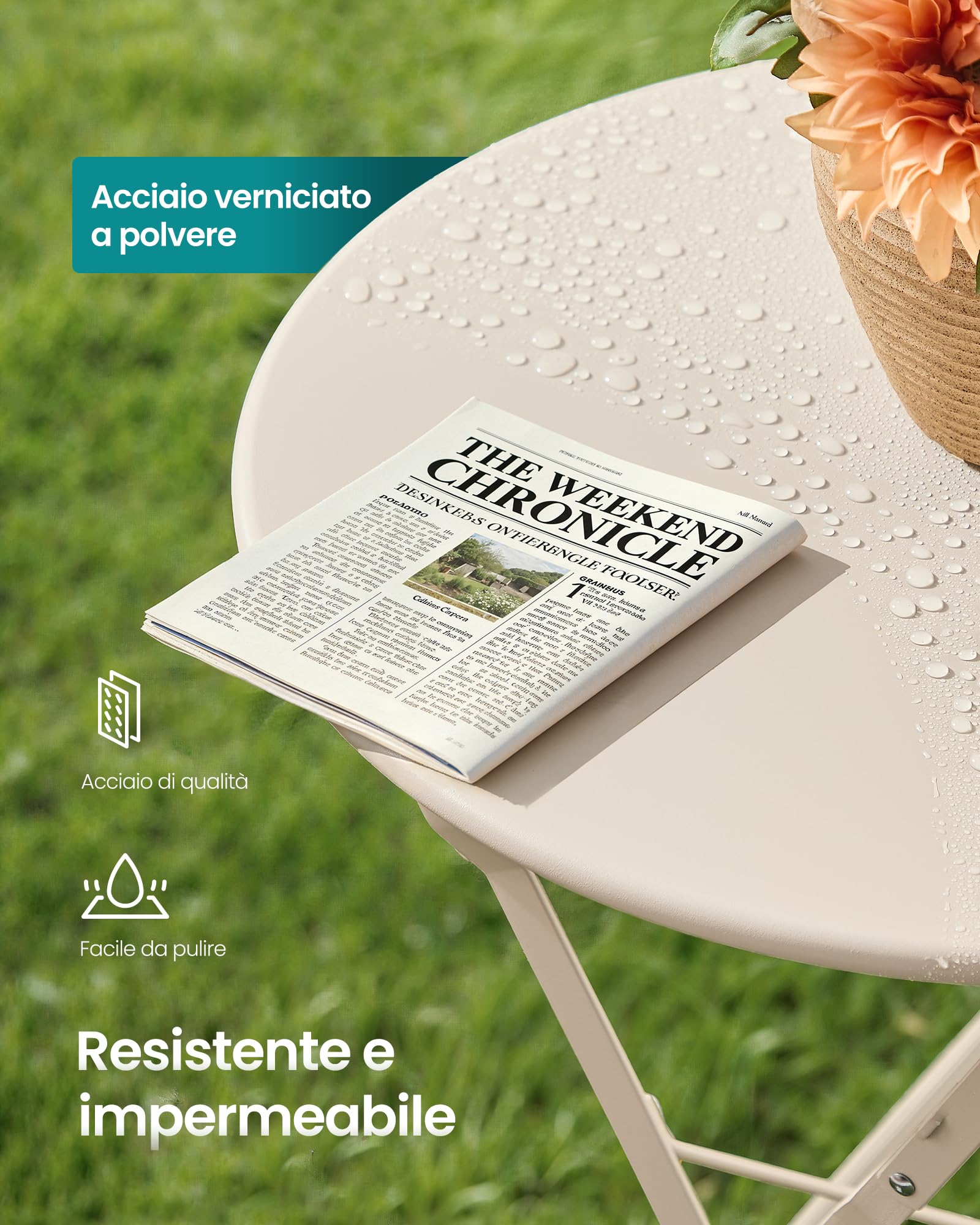 SONGMICS Set da Giardino da Esterno, 3 Pezzi, 2 Sedie, 1 Tavolo, Pieghevole, Salottino da Esterno, Acciaio, Resistente alle Intemperie, per Balcone, Terrazza, Beige Cappuccino GGF036LZ01