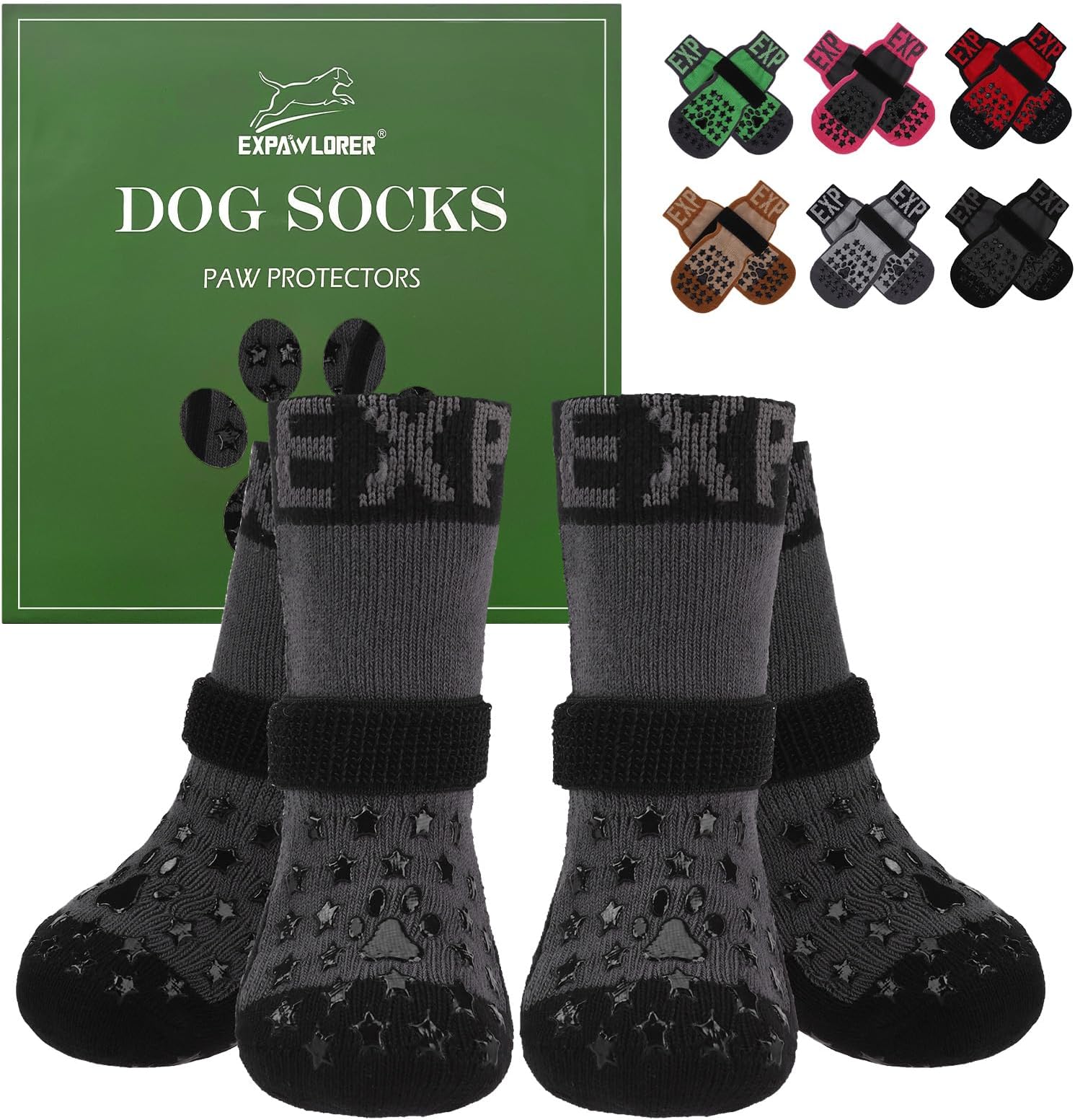 EXPAWLORER Anti Slip Dog Socks to Prevent Licking Paws - Dog Booties for Hardwood Floors, Pet Paw Protectors with Grippers for Winter Outdoor,Dog Boots Shoes for Small Medium Large Dogs,Stars Black XL