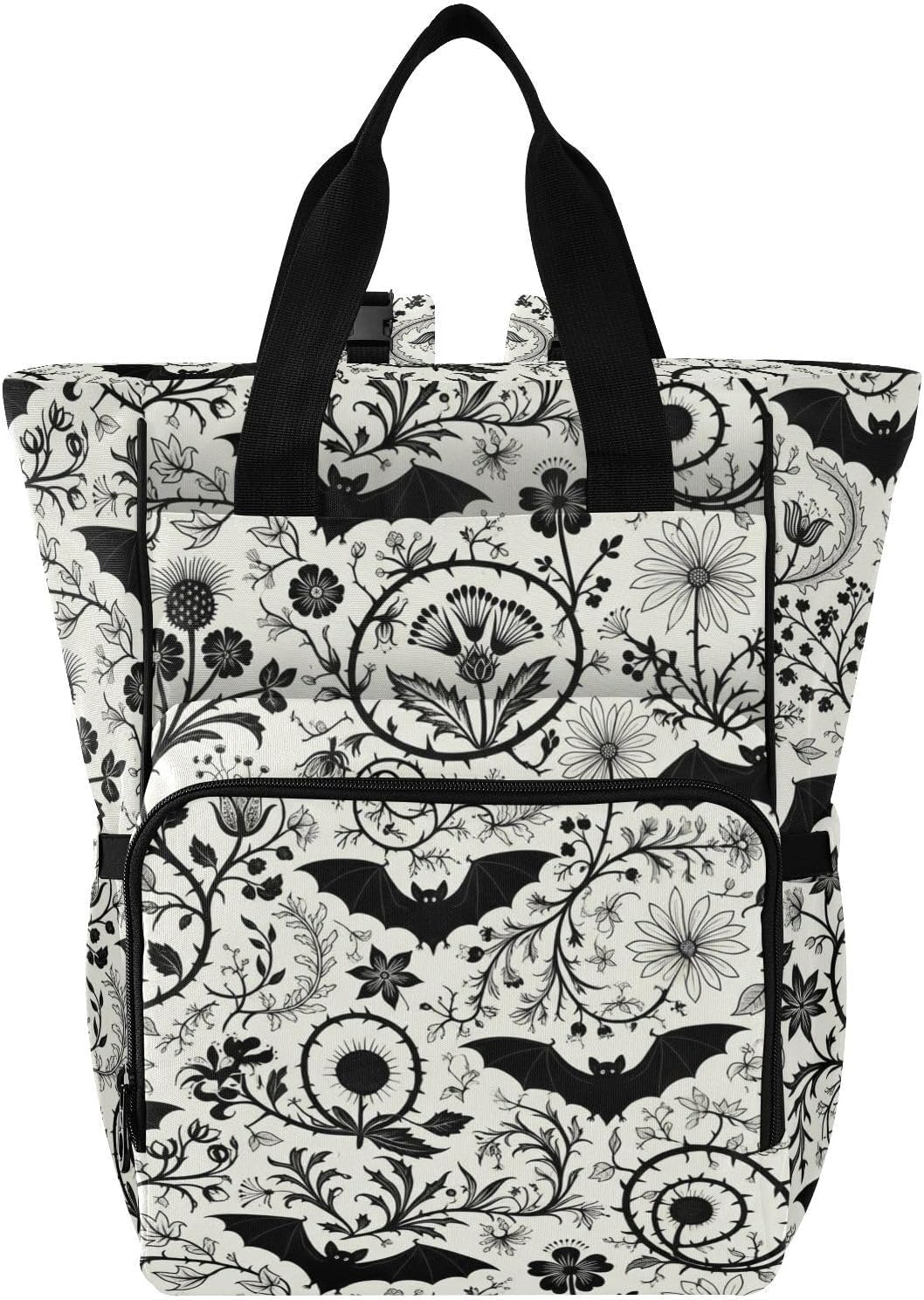 Halloween Bats Flowers White Pattern Diaper Bag Backpack for Baby Boys Girls Multifunction Baby Essentials Travel Tote with Stroller Straps & Bottle Storage Maternity Travel Bag for Baby Gifts