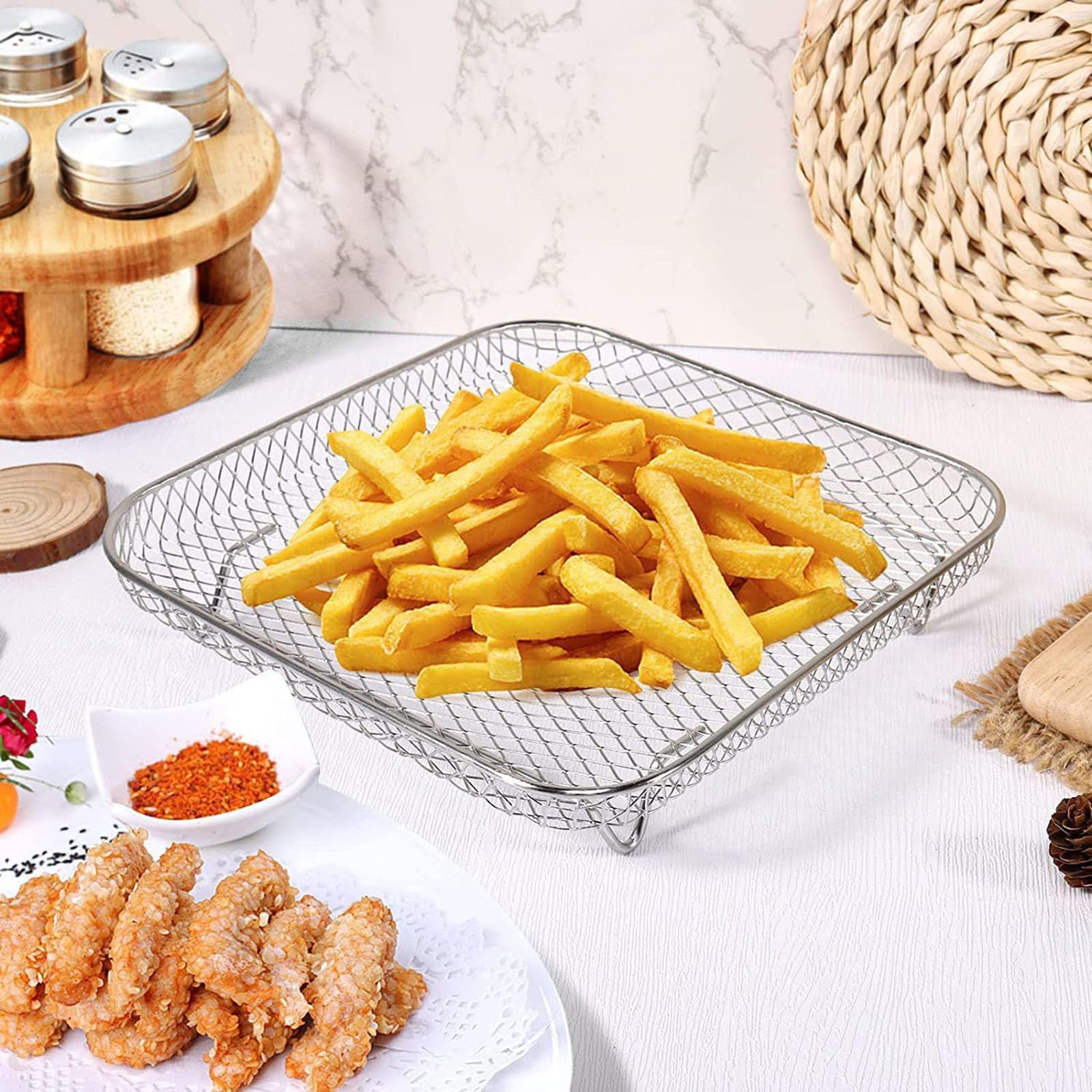 Cestelli Per Friggitrice Ad Aria In Acciaio Inox 304, 3 Pezzi Impilabili Con Clip E Spazzole - Accessori Da Cucina Multiuso - 4