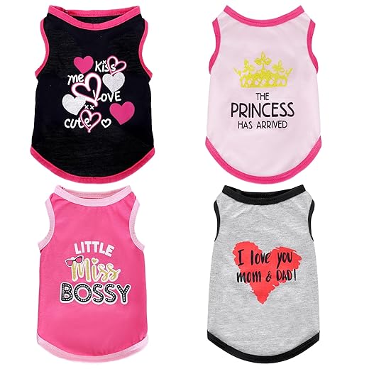4 Pack Dog Shirts Summer Printed Puppy Clothes Cute Sleeveless Pet T Shirts Dog Clothes for Small Medium Dogs Cats Girl(S)