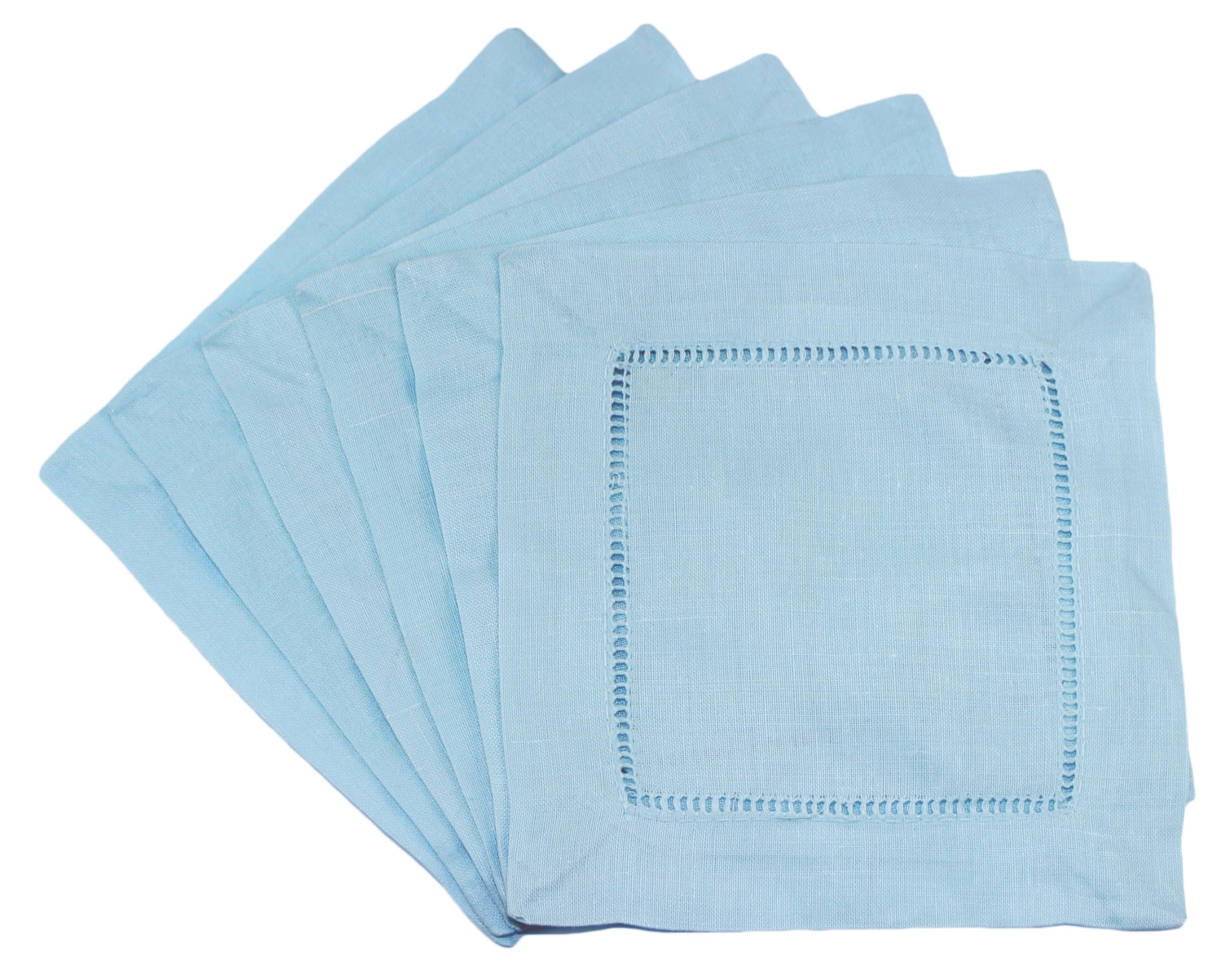 CleverDelights Light Blue Hemstitch 6" Cocktail Napkins - 12 Pack - 55/45 Linen Cotton Blend