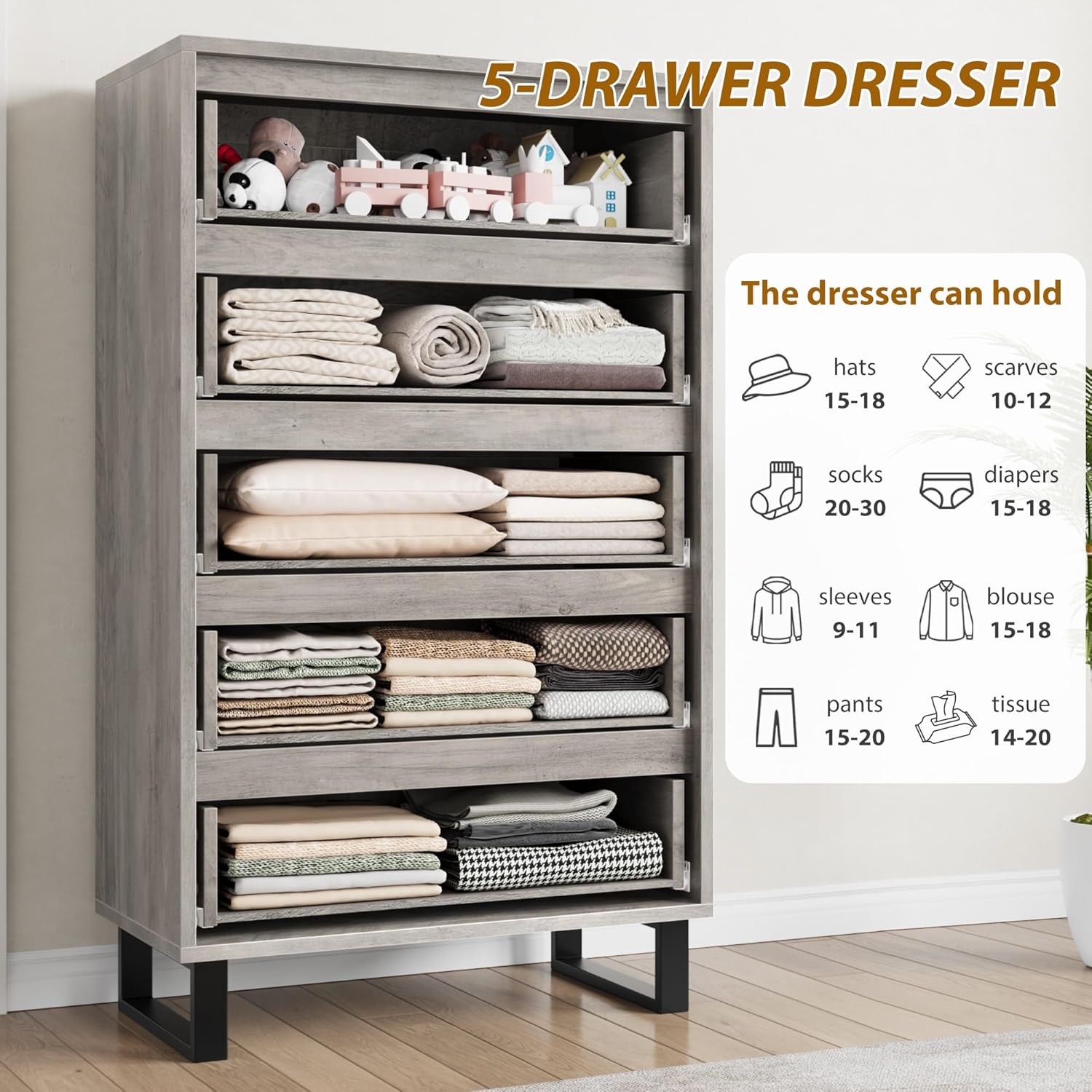 GarveeHome 5 Dresser for Bedroom, 50.5" Tall Dresser, Freestanding Horizontal Drawer with Storage, Wooden Closet Chest Storage for Living Room, Hallway, Entryway