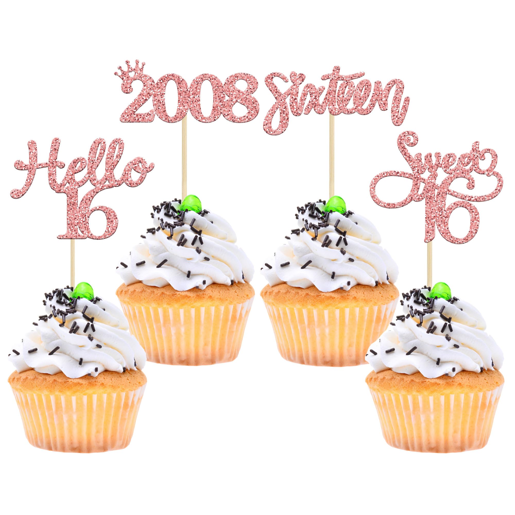 Gyufise 24 Pack Rose Gold Glitter 16th Birthday Cupcake Toppers Hello Sweet 16 Sixteen Since 2008 Cupcake Picks for 16th Birthday Party Cake Decorations Supplies