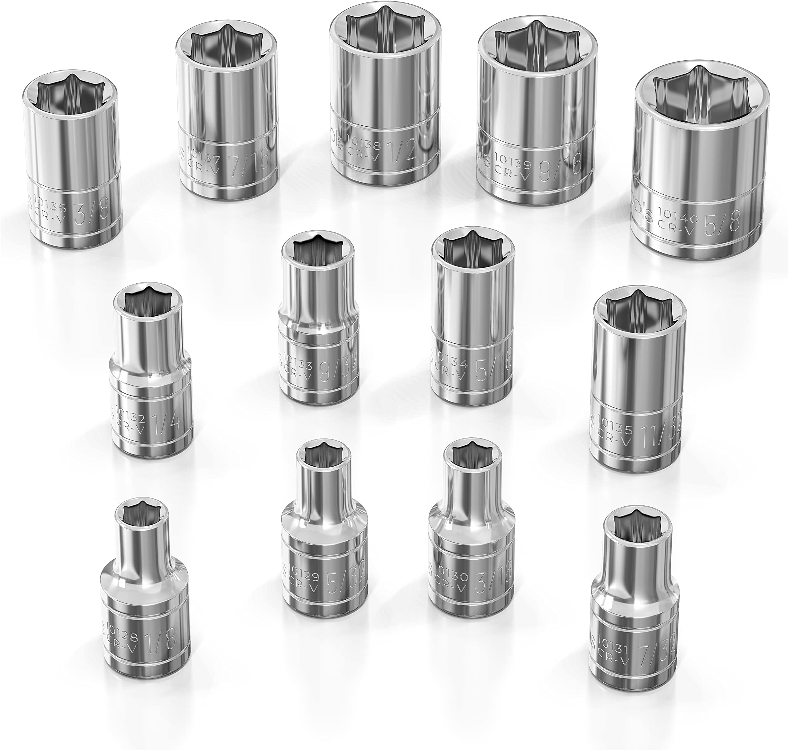 SAE Socket Set (13pc) | 1/4-Inch Drive | 6-Point Shallow Socket Set | Standard Imperial Sizes from 1/8" to 5/8" | Mechanic Fractional Short Chrome Sockets | Professional Grade