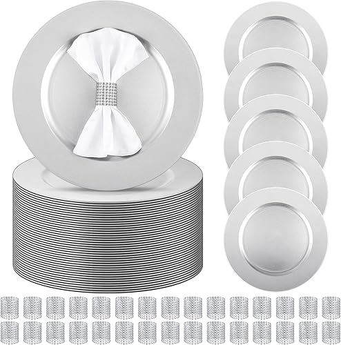 El juego de 100 platos de carga a granel incluye 50 cargadores de platos de plástico y 50 servilleteros redondos de 13 pulgadas, cargadores de boda
