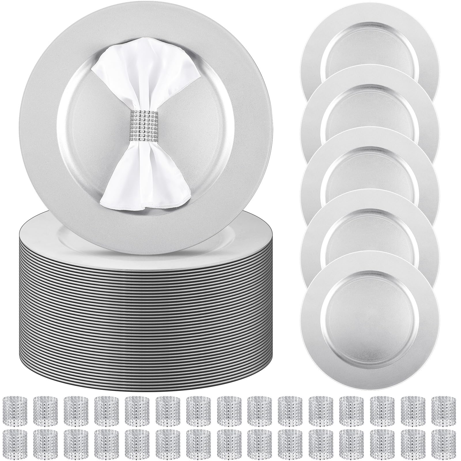 Tanlade 100 Pcs Charger Plates Set Bulk Include 50 Plastic Plate Chargers and 50 Napkin Rings 13