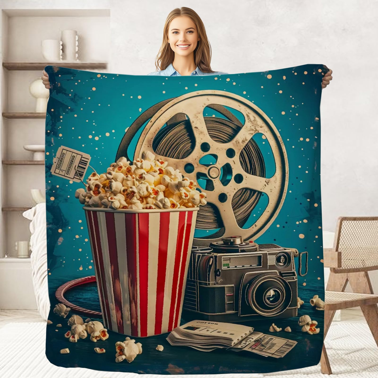 keepitcozi Movie Popcorn Throw Blanket for Adult Kids, Movie Theater Cinema Gifts Blanket Home Room Decor for Women Men, Flannel Soft Blanket for Bed