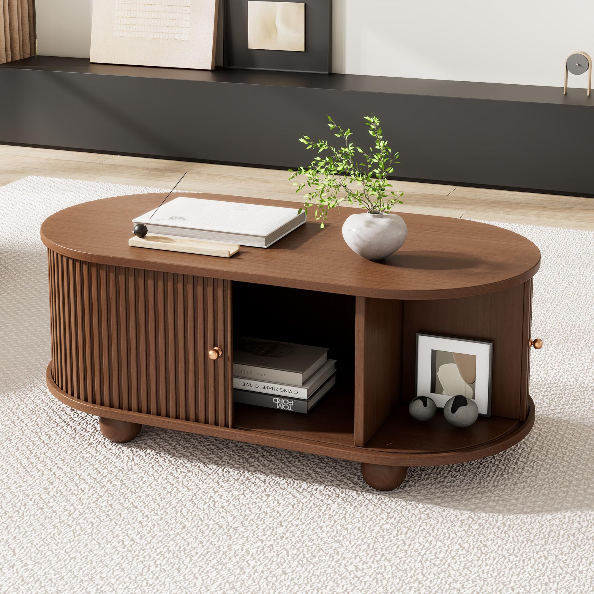 ModernLuxe Oval Coffee Table with Storage, 2 Sliding Doors and Rounded Corners, Hidden Compartment and Central Open Storage, Stylish Side Table for Living Room, Oak Finish, 100x50x40cm