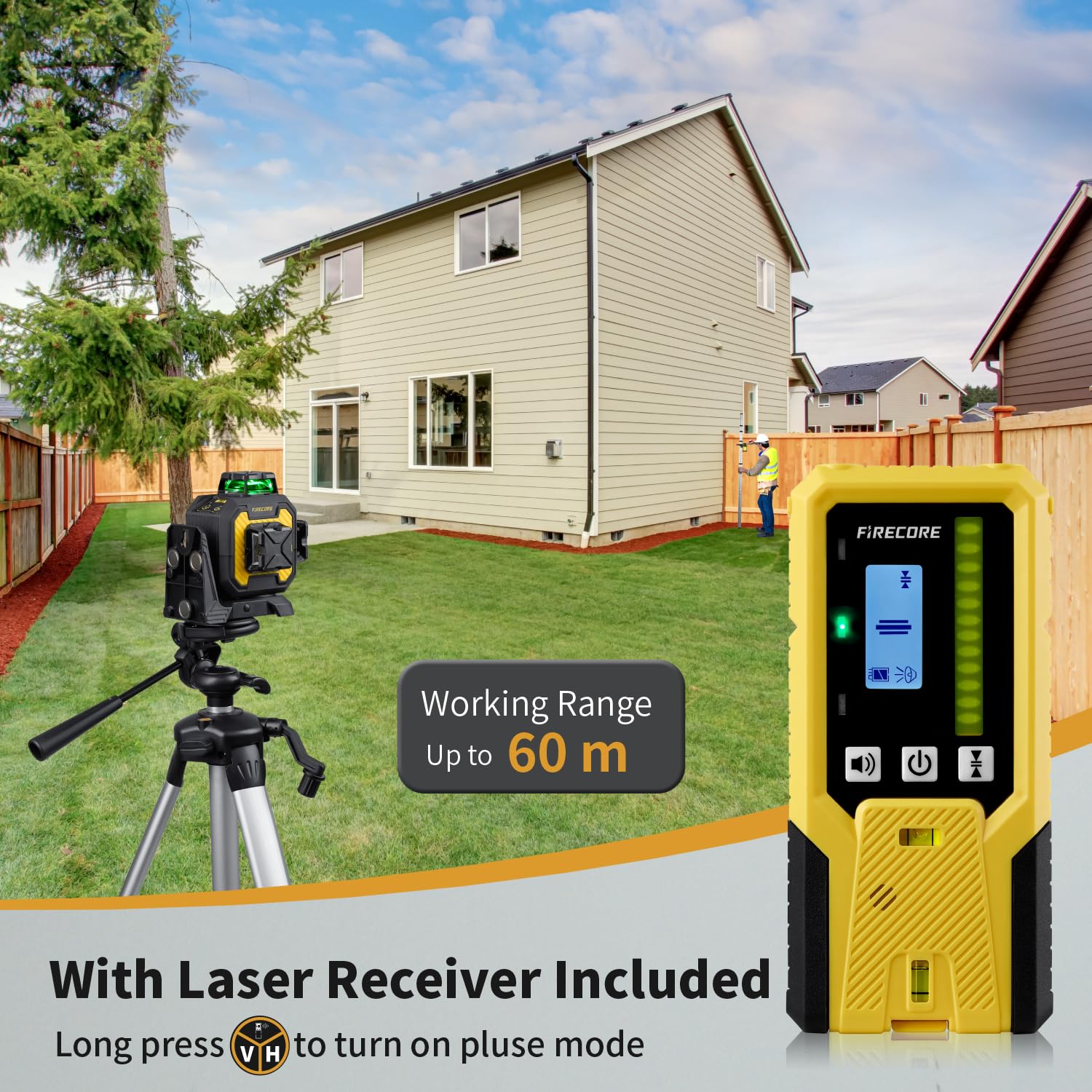 Firecore Nivel Láser Autonivelante de Construcción 360° x 3 con Receptor, Lazer Nivel de 12 Líneas con Batería de Litio Recargable, Autonivelación y Modo de Pulso para Uso en Exteriores