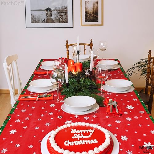Miniatura 4 de KatchOn, Mantel navideño de plástico rojo con Papá Noel, 108 x 54 pulgadas, paquete de 3 unidades, mantel de vinilo de Navidad, decoración de mesa
