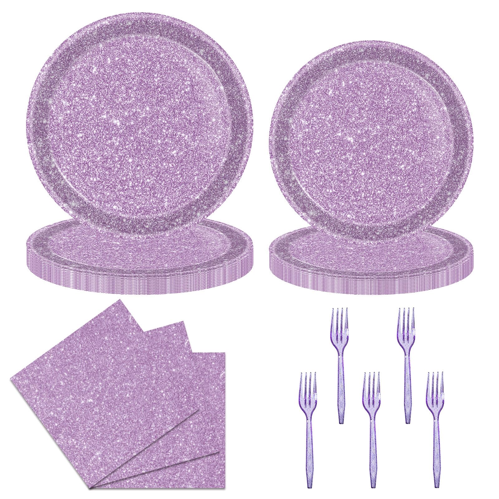 DTDO 96Pcs Pastel Purple Party Tableware Set Paper Plates and Napkins K-pop PurplePurple Glitter Party Supplies Dinnerware Set for Women Girl Birthday