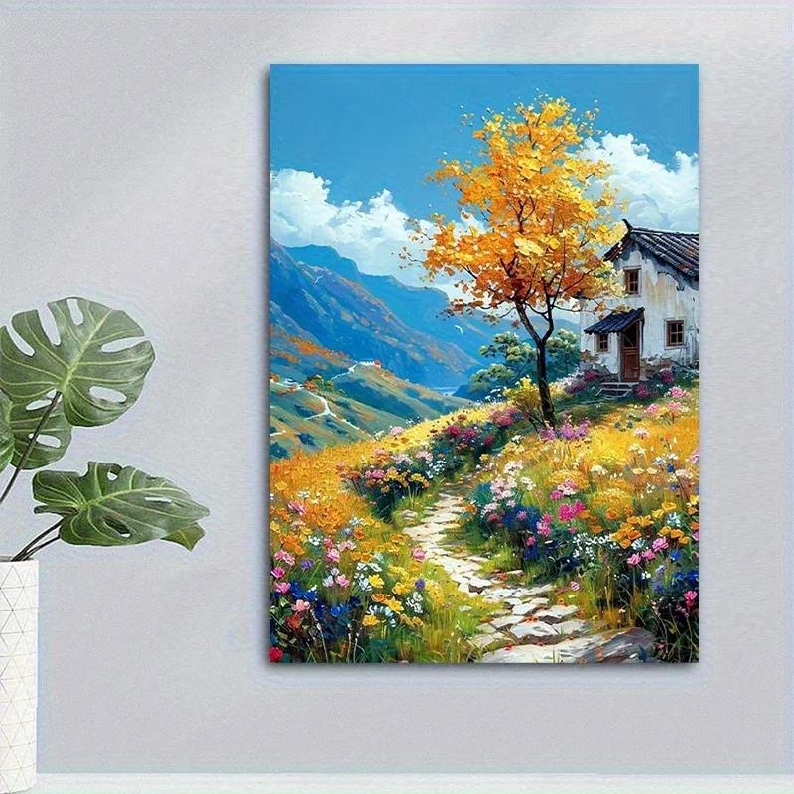 Yocheng Vibrant Autumn Landscape Canvas Print Wall Art With Golden Tree,Mountain View 21x30cm No Frame