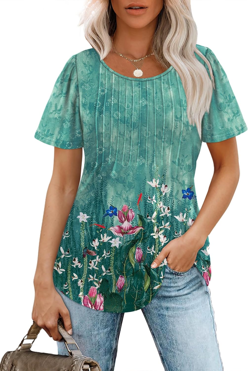 OFEEFAN Womens T Shirts Short Sleeve Pleated Dressy Casual Scooped Neck Summer Tops Blouses - Image 2