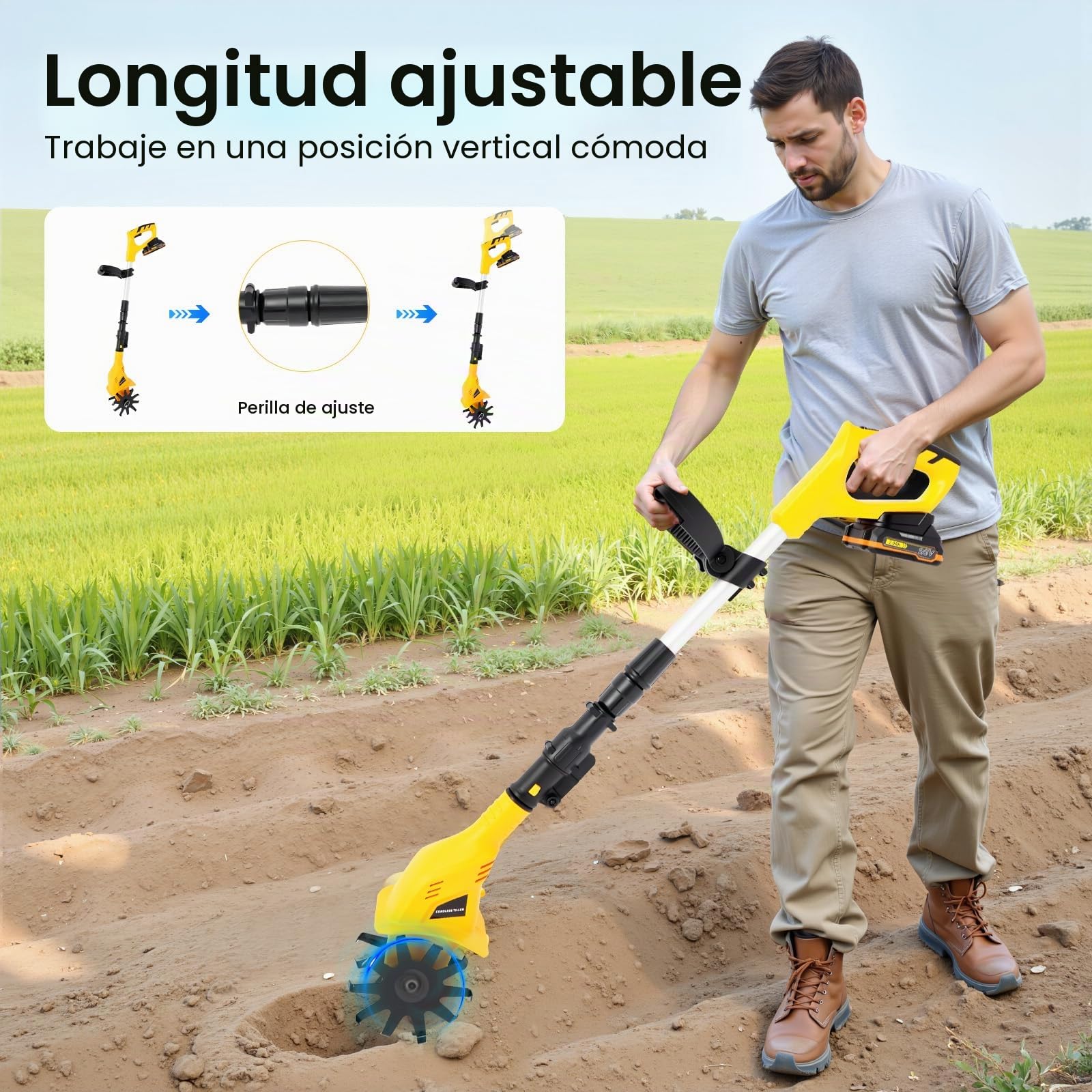 Motoazada - Piñón eléctrico para cultivar 250 rpm, profundidad de corte de 25 cm, mini fresadora de jardín, cultivador con batería para césped, yarda, cultivo de suelo