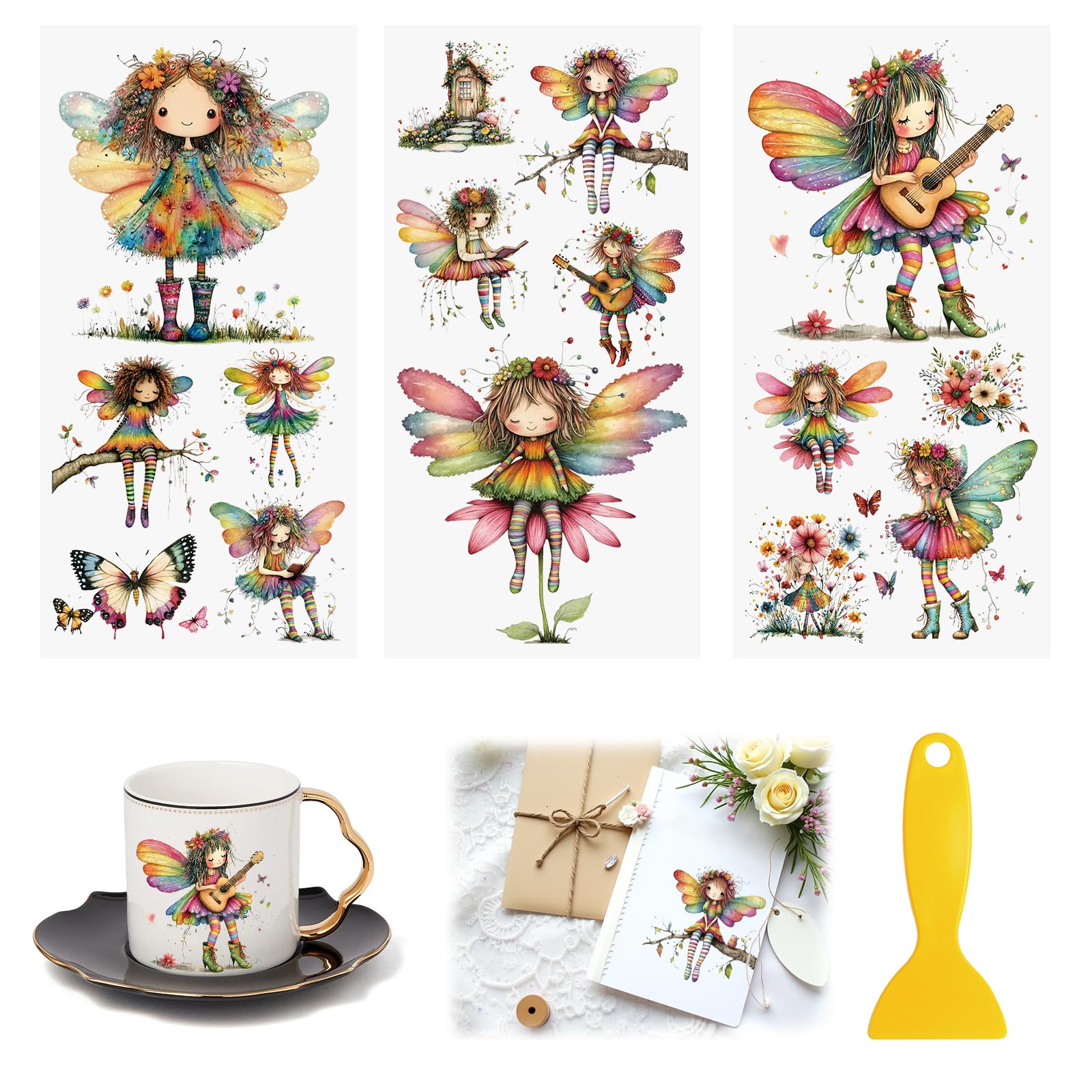 HICOHAND Rub On Transfers for Crafts, 3pcs Bohemian-style Fairy Theme Transfers UV DTF Stickers Waterproof Decals Furniture for Wood Scrapbook Door Window DIY Home Decor