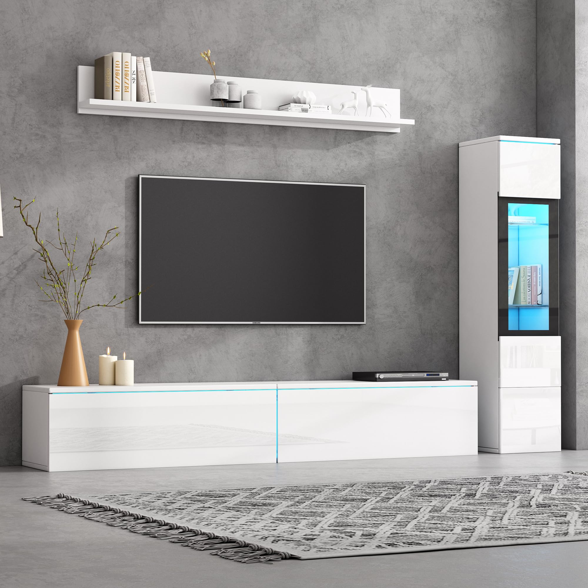 Set da parete per TV, 3 pezzi, illuminazione a LED, bianco lucido, set di mobili da soggiorno, parete frontale bianca, 1 armadio TV, 1 vetrina per soggiorno, 1 mensola sospesa (bianco)