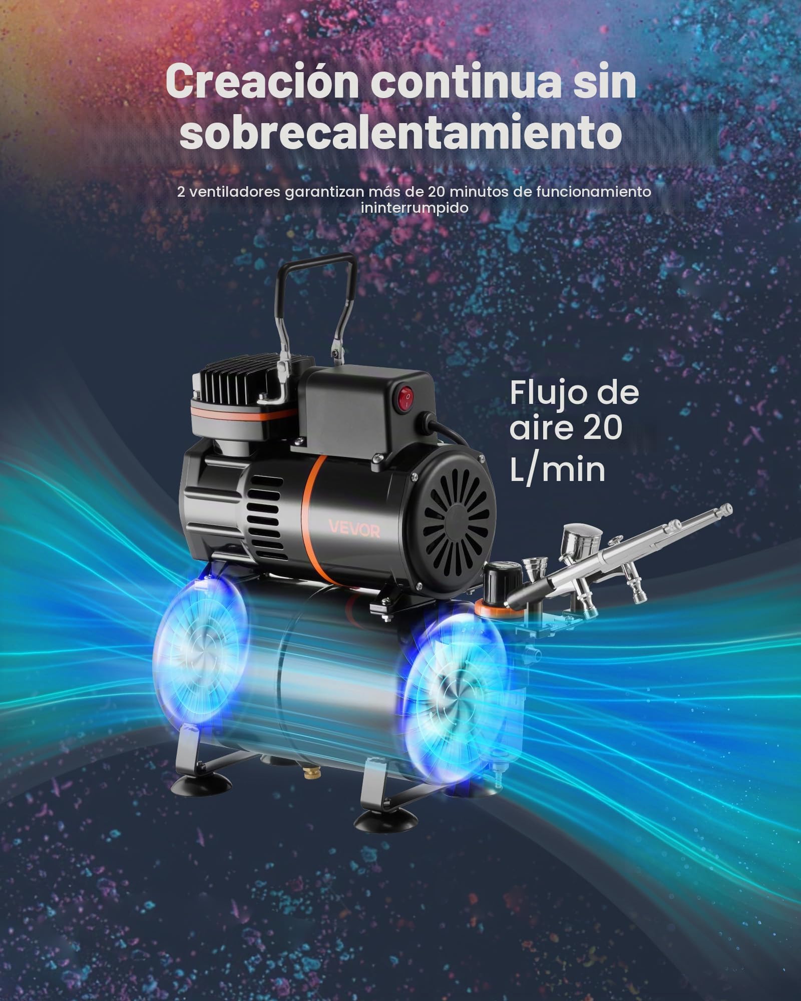 VEVOR Kit de Aerógrafo con Compresor de Aire 1/6 HP con Tanque 3 Aerógrafos de Doble Acción con 3 Boquillas, Manguera, 6 Pinturas Acrílicas, Kit de Pintura para Decoración de Tartas, Maquetas, Uñas