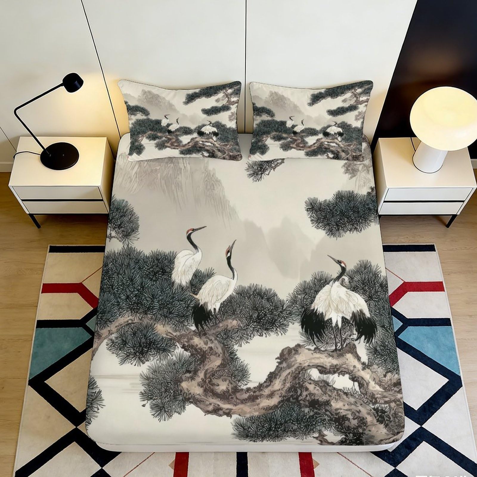 3D Printed Crane Pine Fitted Sheet Microfiber Deep Pocket Bedroom Bedding Full Wrap Crane Mattress Fitted Cover for Home 140x200x25cm