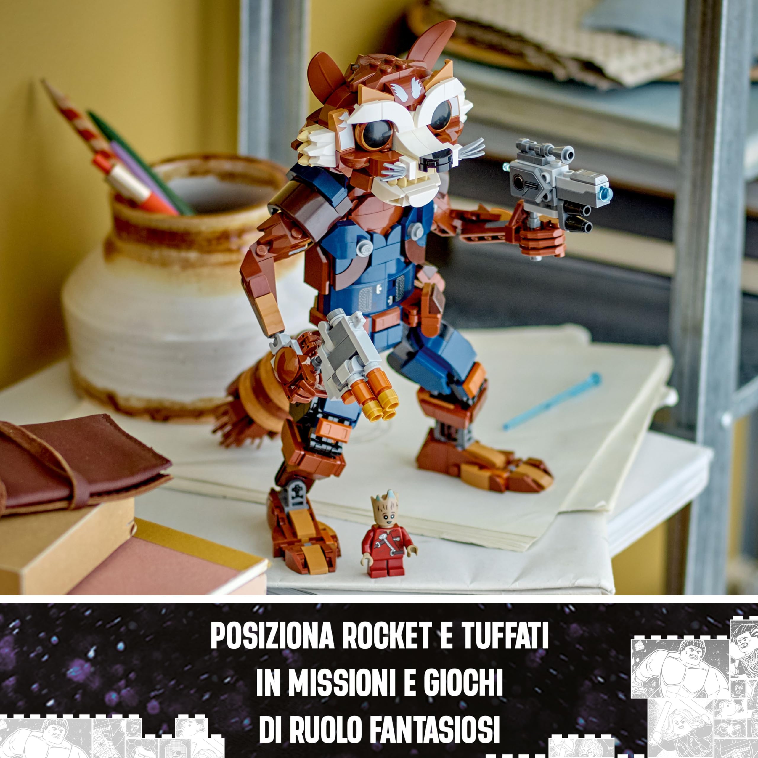 LEGO | Marvel Rocket e Baby Groot, Giochi per Bambini e Bambine da 10 Anni in su, Set con Action Figure Snodabile da Costruire e Minifigure del Supereroe, Giocattoli Guardiani della Galassia 76282