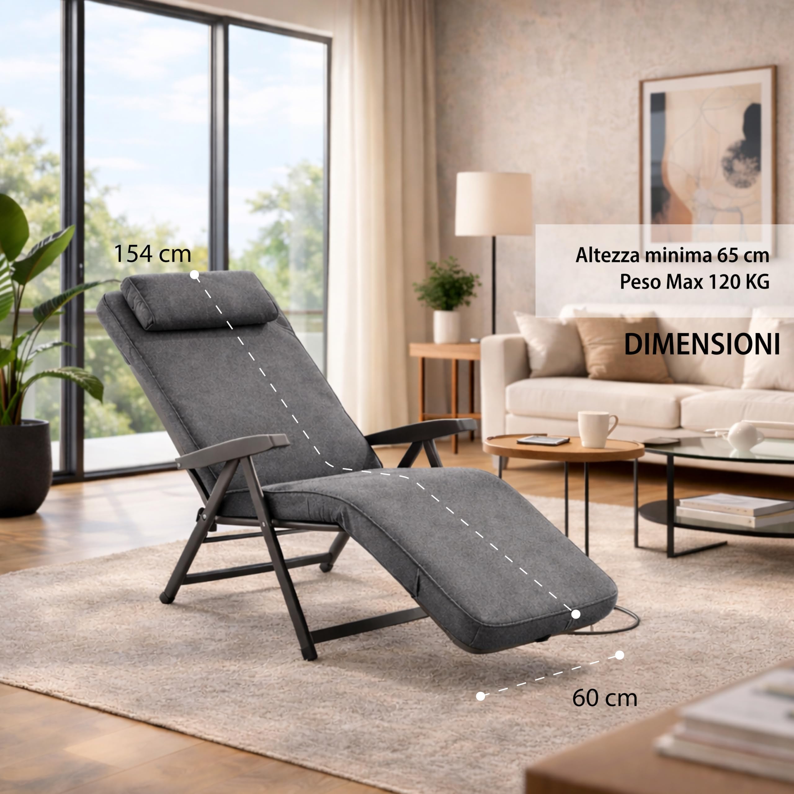 MA MAISON Poltrona Reclinabile Automatica Imbottita 154x60x65 cm - con Poggiatesta, 6 Posizioni, Braccioli Ergonomici, Struttura in Acciaio, Poggiapiedi, per Interno, Esterno - Made in Italy GRIGIO