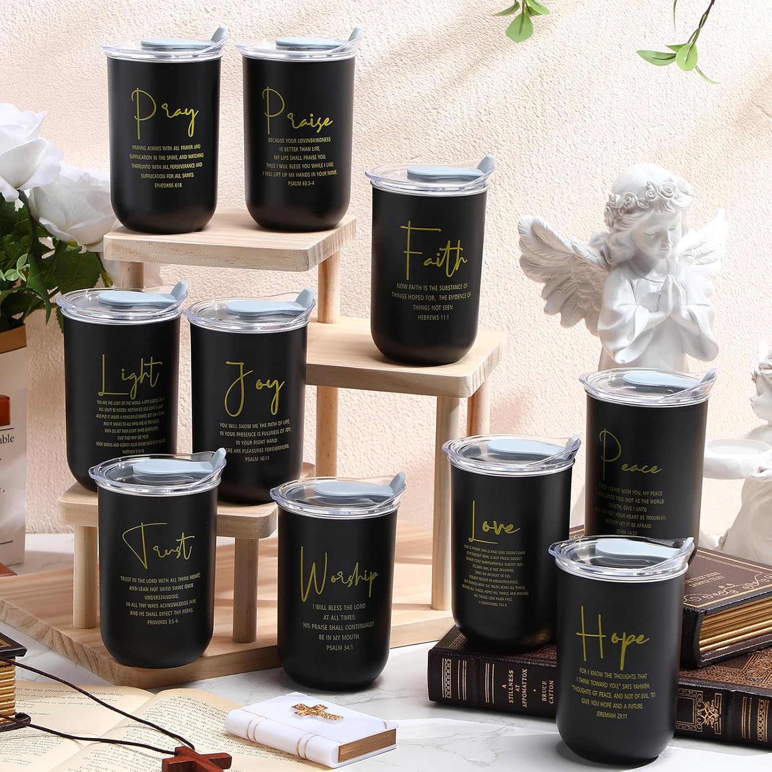 LemonRoad 10 Pcs Christian Gifts Tumblers Bulk 10 oz Bible Verse Coffee Cups Thank You Mug Religious Stainless Steel Tumblers Inspiration Gifts for Women Men (Black,Faith)