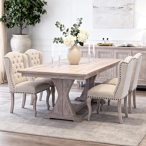 Miniatura 8 de chairus Parsons - Juego de 2 sillas de comedor tapizadas estilo rústico francés con ribete de cabeza de clavo y patas de madera curvas, sillas de