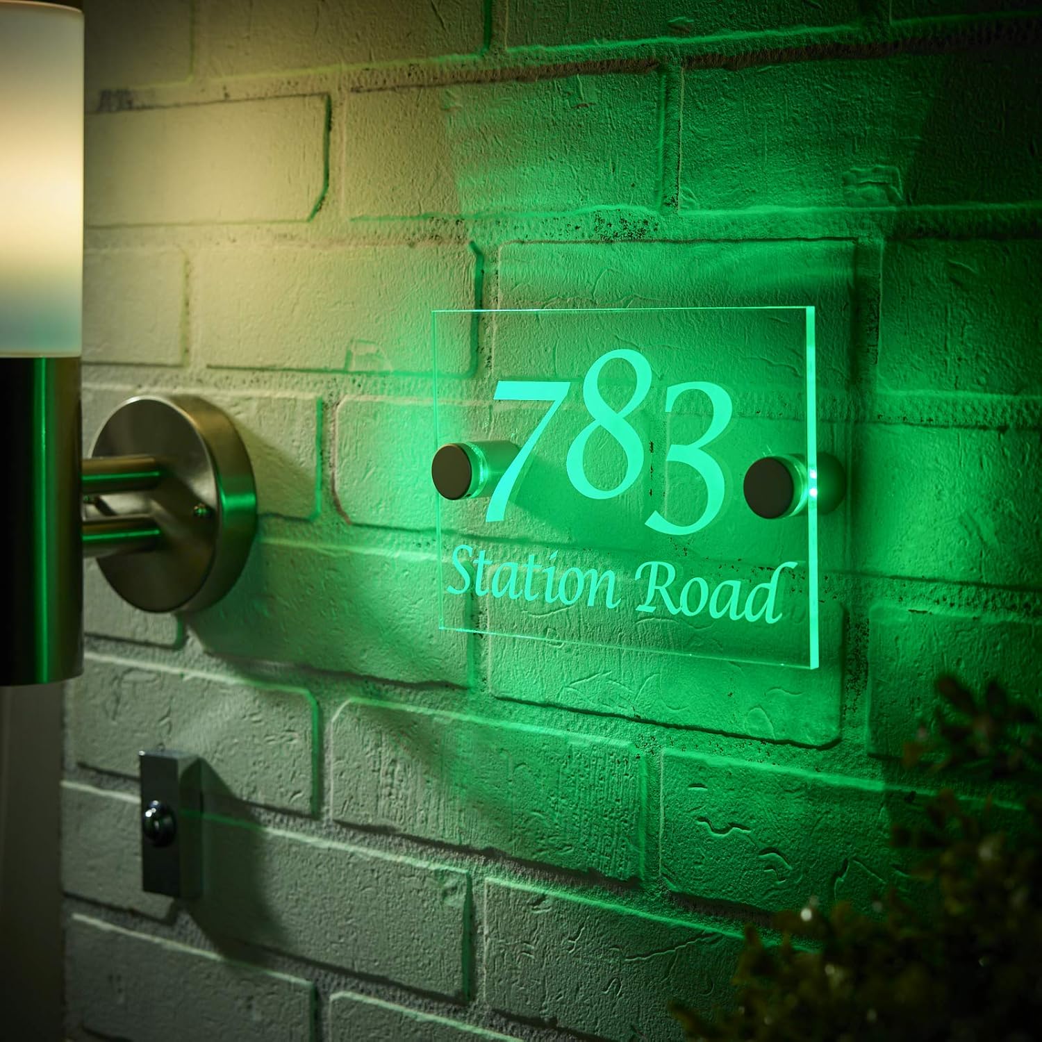 Illuminated Personalised House Sign for Front door, Bespoke to Your Address LED Stand Offs Backlit Floating Shadow Effect, Long Lasting, Colour:green