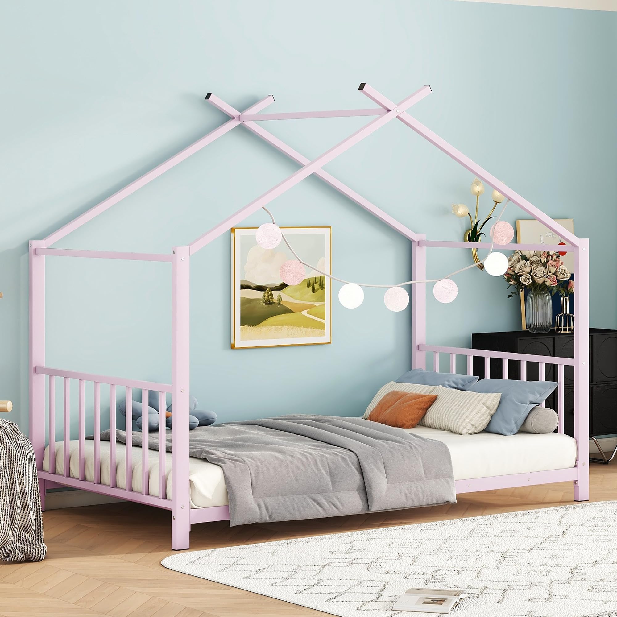 Twin Size Kids Montessori Floor Bed,House Bed Frame with High Headboard,Twin Floor Bed with Roof for Boys Girls,Floor Bed Metal Frame (Pink)