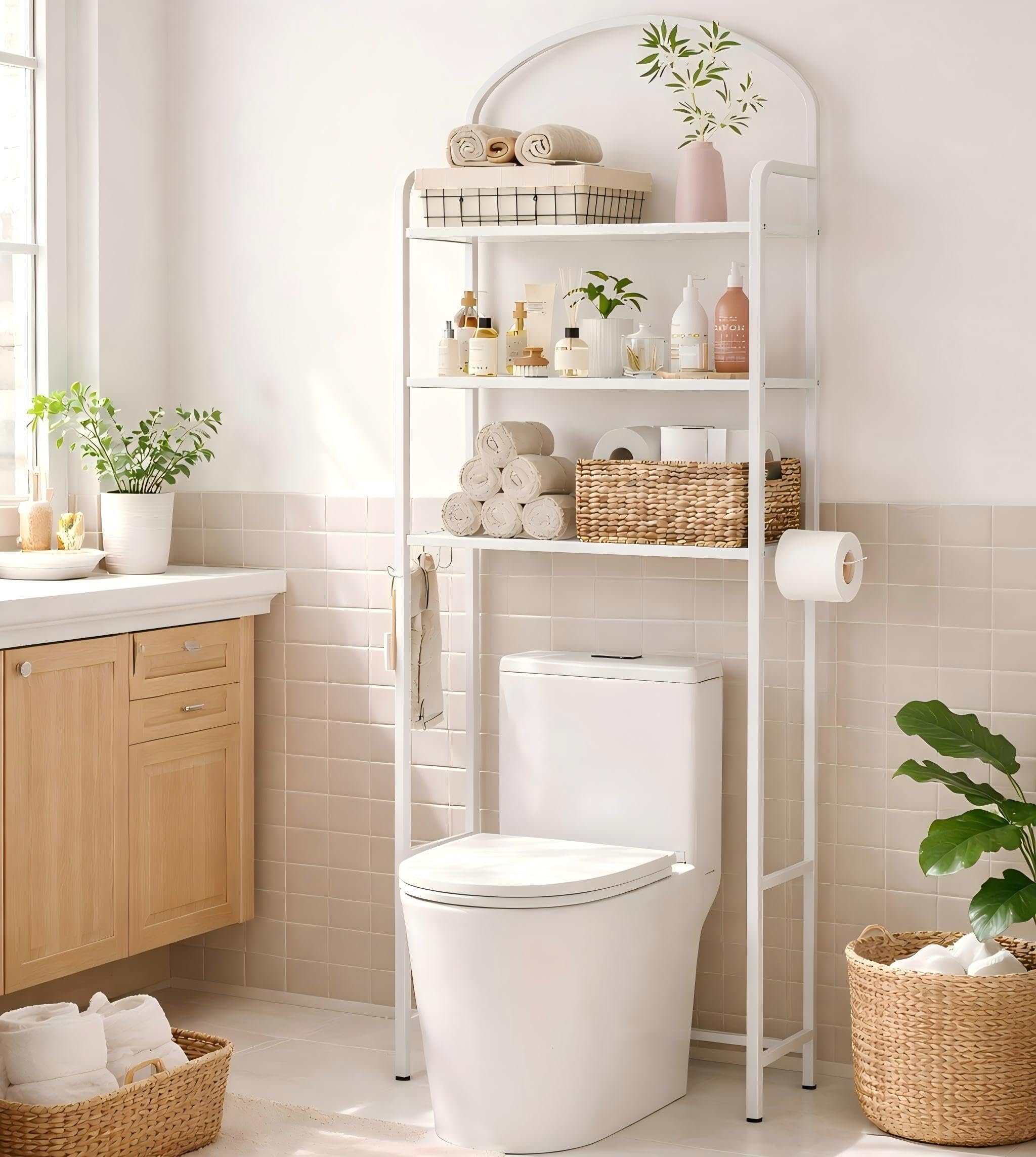 3-Tier Over The Toilet Storage Bathroom Organizer Space-Saving Above Toilet Storage Rack with 4 Hooks and Paper Holder