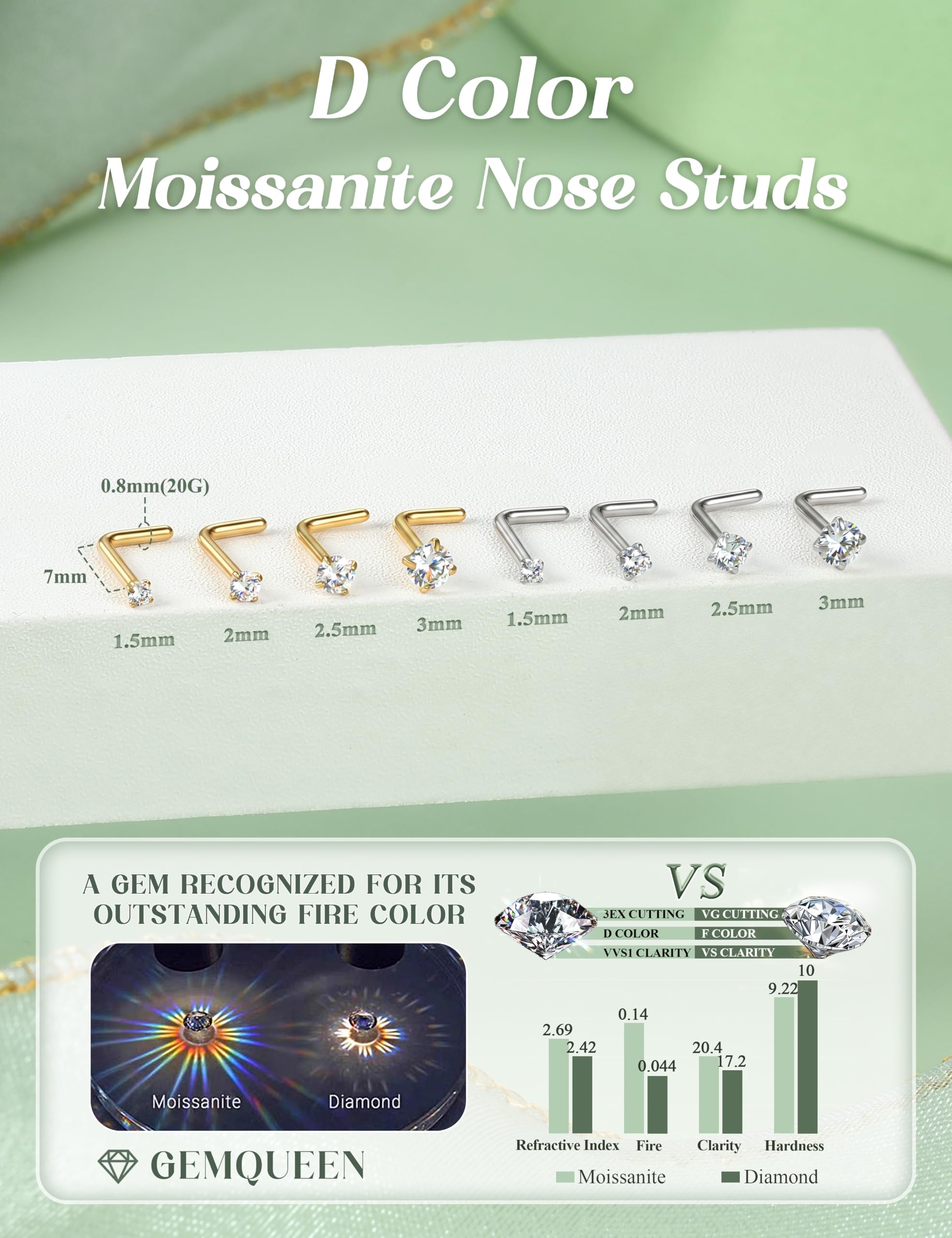 GEMQUEEN Nasenstecker aus Moissanit und G23-Titan, 18 Karat vergoldet, L-förmig, hypoallergen, 20 g, kleines Moissanit-Nasenloch-Piercing, Schmuck für Damen und Herren, trendig, 1,5/2/2,5/3 mm, 8