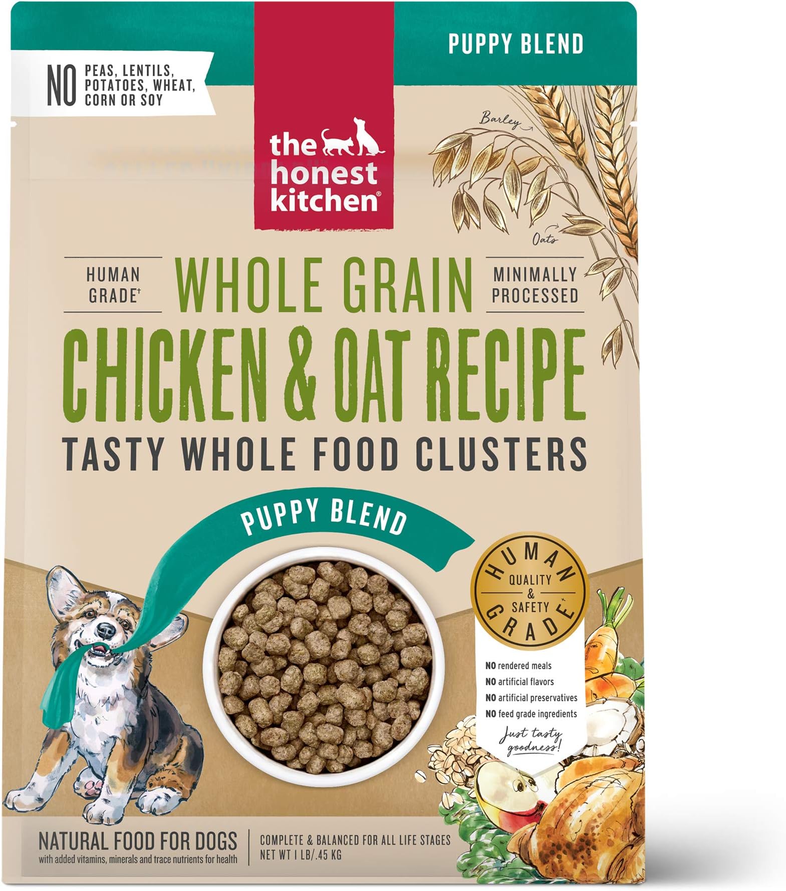Human Grade Whole Food Clusters Puppy Whole Grain Chicken Dry Dog Food, 1 lb Bag