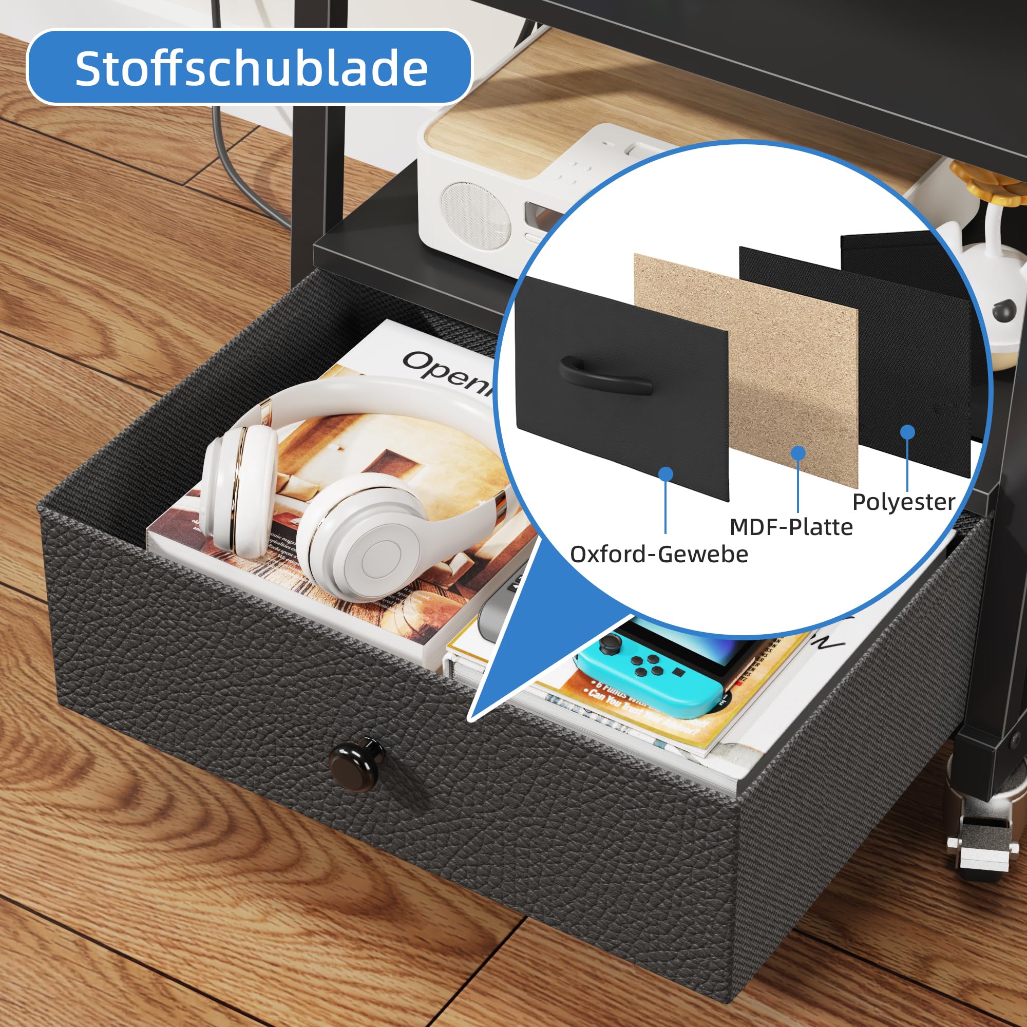 rollbarer TV-Ständer mit Halterung und Steckdosen, Schwarz | Integrierte Ladestation, höhenverstellbar, 4 Rollen, Stoffschublade, kratzfest, leicht zu reinigen