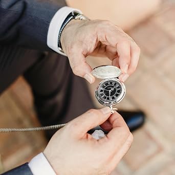 Pocket Watch for Men Quartz Pocket Watch with Black Dial and Chain Stylish Modern Men Pocket Fob Watches Vintage Steel Roman Numerals Classic Smooth Personalised Pocket Watch for Birthday Anniversary