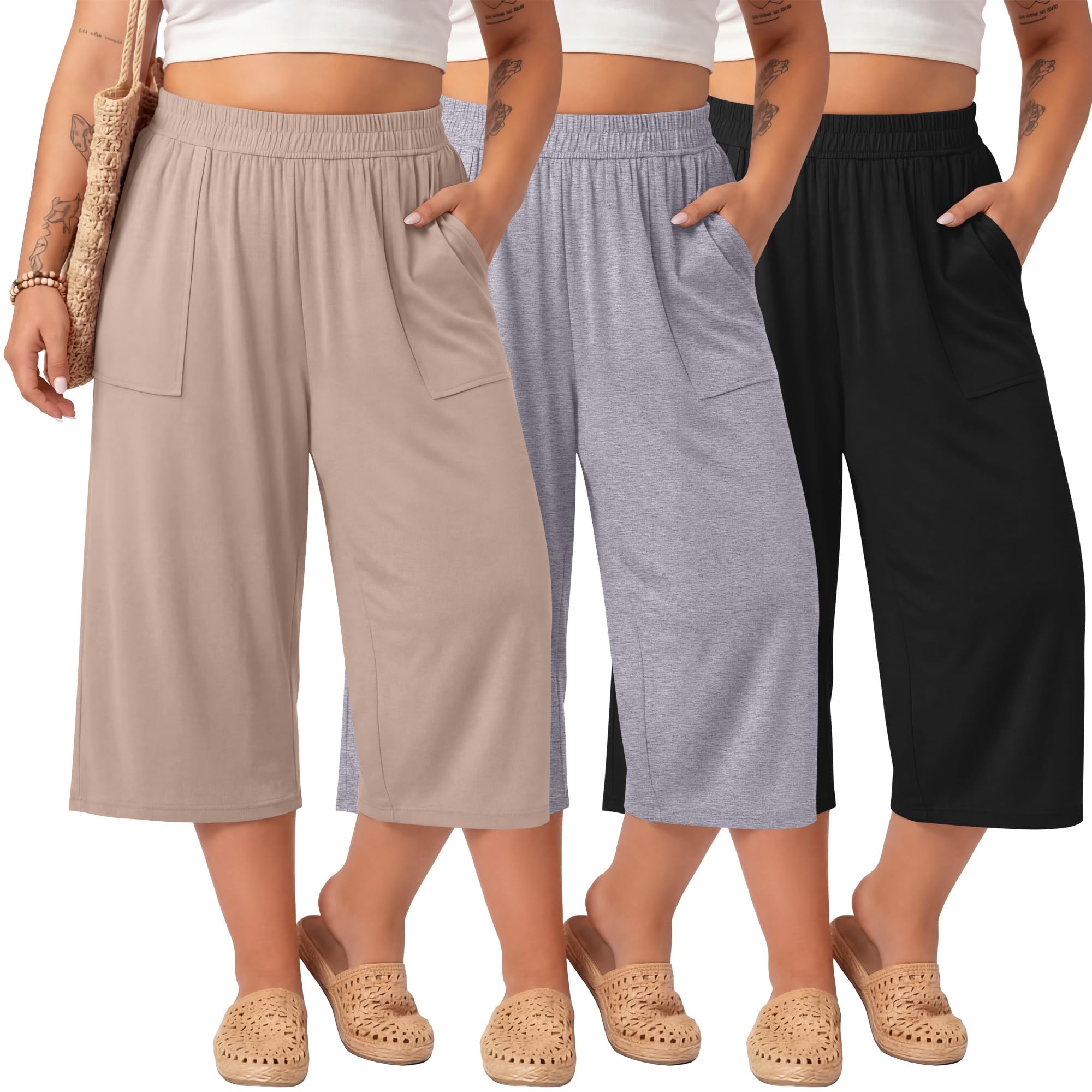 Neer Lot de 3 Pantalons Capri à Jambe Large en Coton pour Femme - Grande Taille - Taille élastique - Coupe Ample - Pantalon de Sport avec Poche
