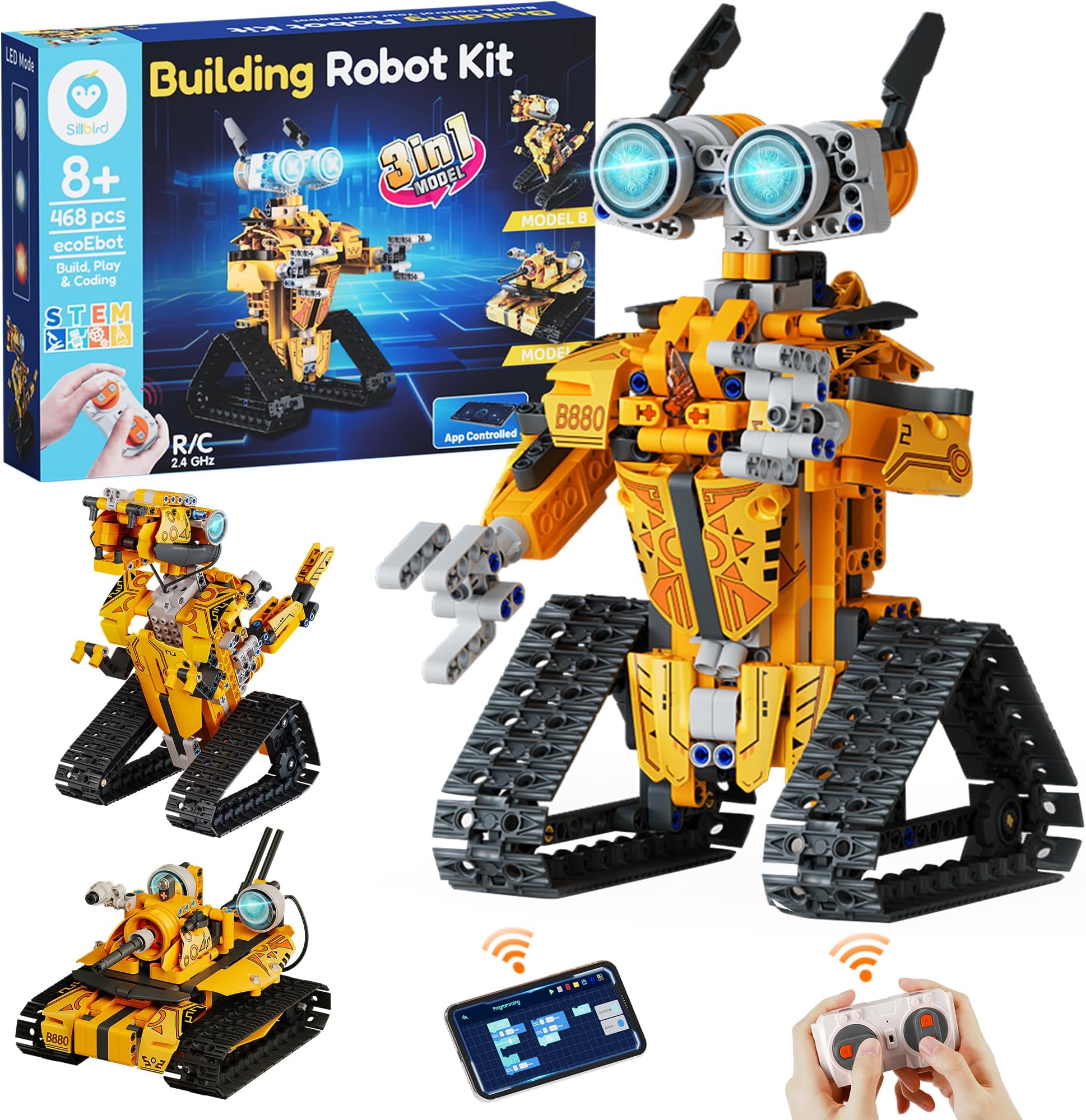 Sillbird Robot Building Kit with Remote Control STEM Gifts for Boys Age 8-12, Technic Buildable Coding Robotic Set Birthday Toys for Kids Teens (468 Pieces)