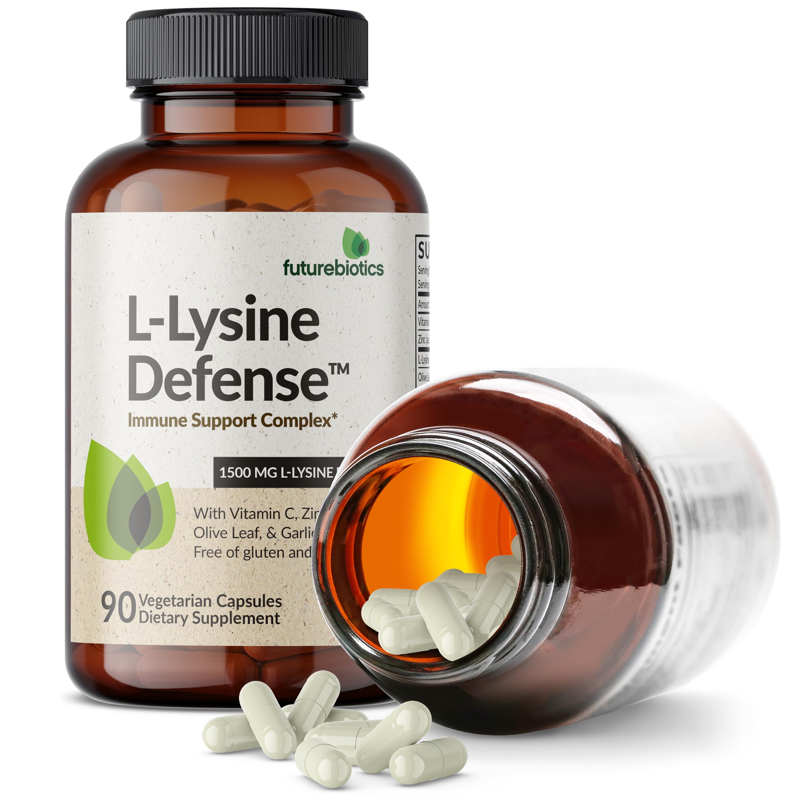 Futurebiotics L-Lysine Defense Immune Support Complex 1500 MG Per Serving with Vitamin C, Zinc, Olive Leaf & Garlic - Non-GMO, 90 Vegetarian Capsules — Amazon image 6