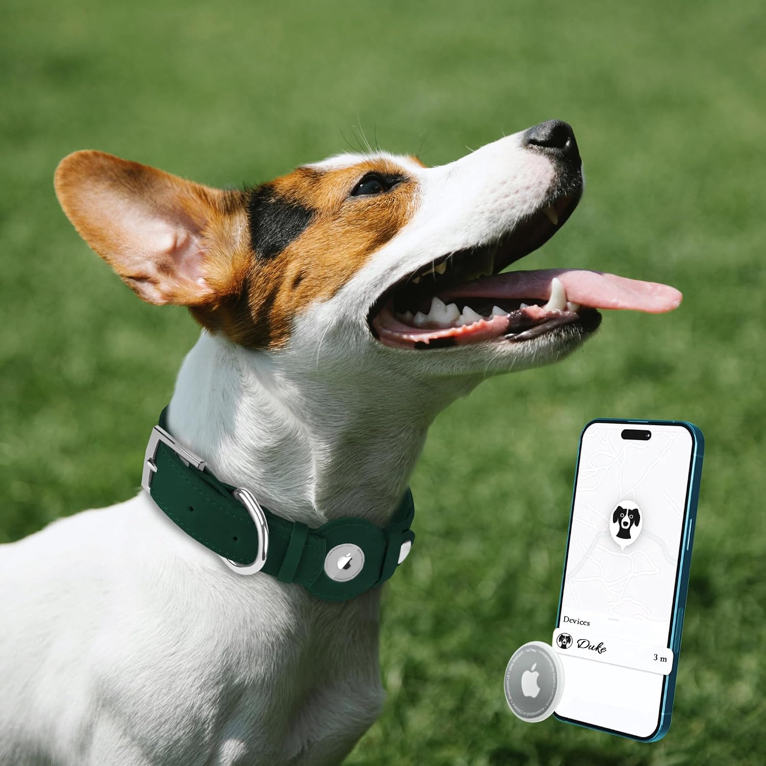 Leather Dog Collar with Airtag Holder - Apple Air Tag Dog Collars - Soft Tracking GPS Pet Collar for Small Medium Large Dogs Breed Puppy (Green, XL, 19"-24" Neck Fit)