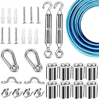 Globe String Light Suspension Kit, Outdoor Light Guide Wire, Vinyl Coated Stainless Steel Steel Cable，Include 50ft Transparent PVC and 304 Stainless Steel Wire Cable, Turnbuckle and Hooks